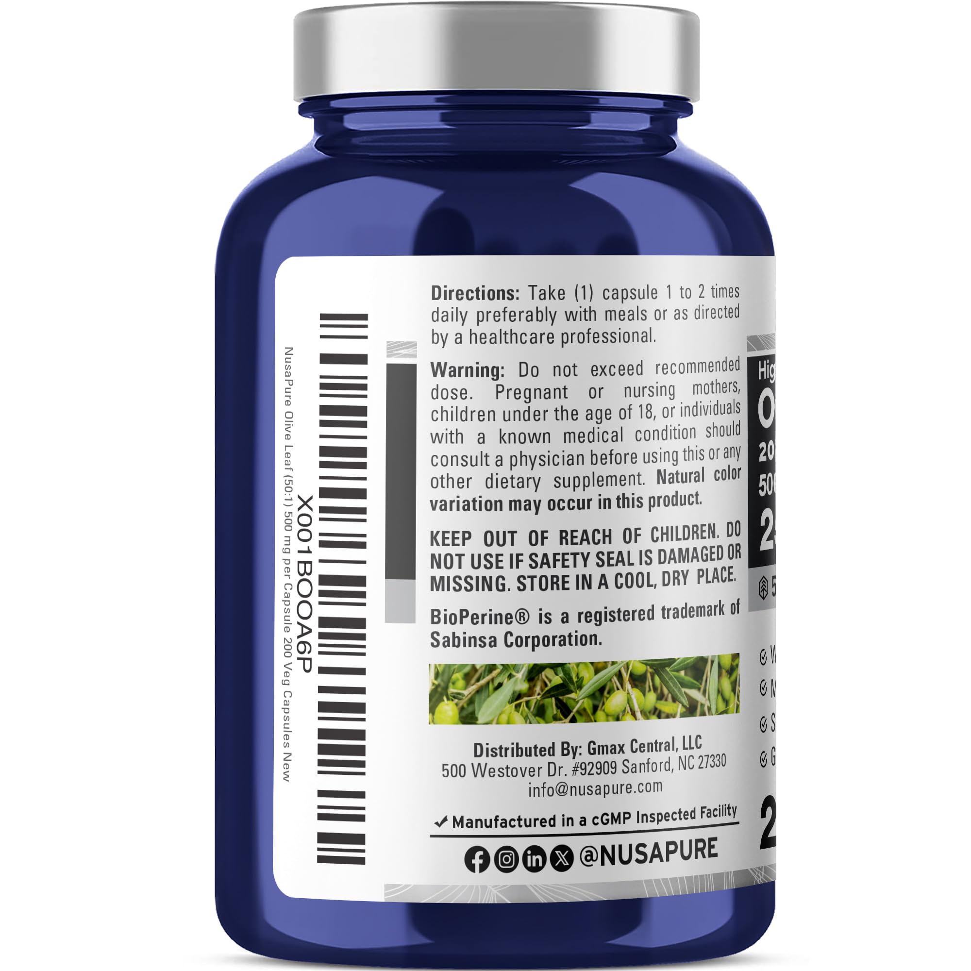 NusaPure Olive Leaf 20% Oleuropein 50:1 Extract, 500 mg Equivalent to 25,000 mg 200 Veg Caps Suitable for Vegetarians and Vegans, Non-GMO NusaPure uk supplements