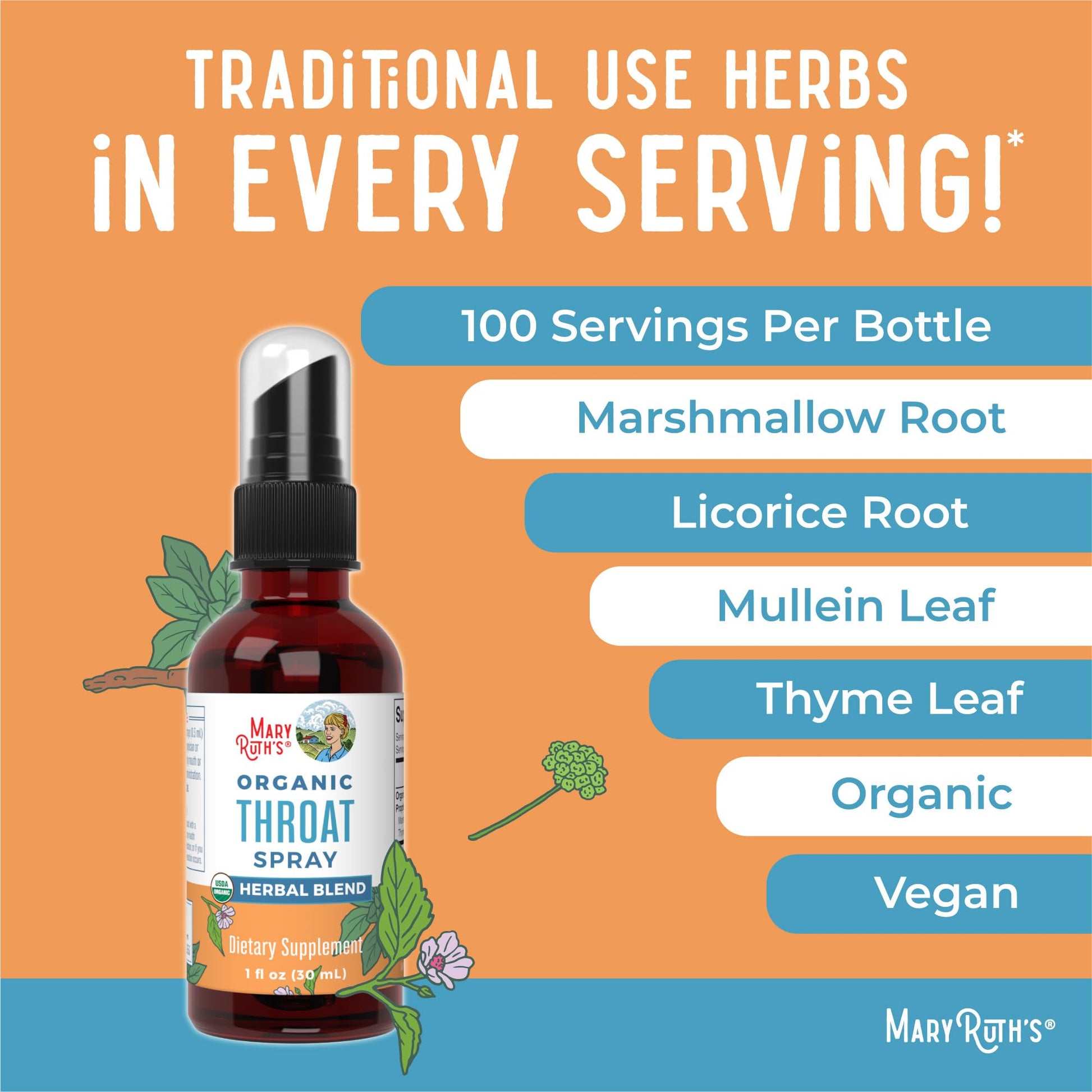 MaryRuth Organics USDA Organic Throat Spray with Mullein Leaf | Marshmallow Root & Licorice Root & Thyme Leaf | 4 Herbal Blend | Non-GMO | Vegan | Gluten Free | 1 Fl Oz | Up to 100 Servings MARYRUTH'S uk supplements