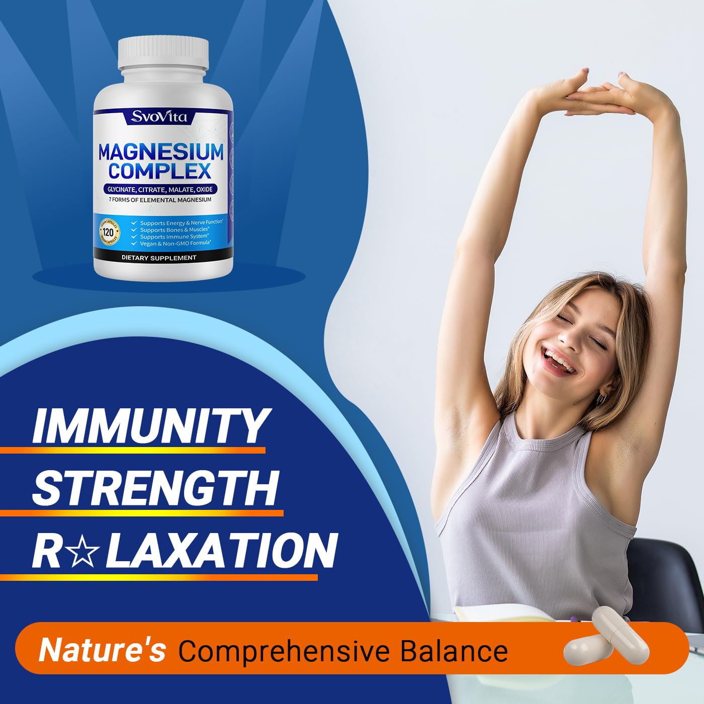 Magnesium Complex Supplement with 7 Forms of Magnesium Glycinate, Malate, Citrate & More, High Absorption for Bones, Muscle, Recovery, Energy, Vegan Non-GMO 120 Capsules Svovita uk supplements
