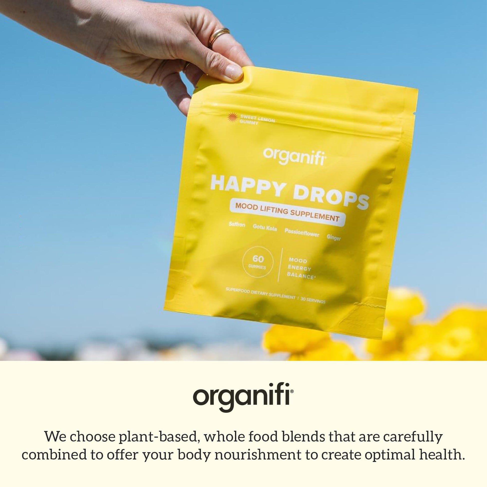 Organifi Happy Drops - Daily Superfood Happy Gummies for Adults - Mood Support Supplement for Balance, Bliss, Energy and Taking the Edge Off - Sweet Lemon Flavor - 60 Gummies Organifi uk supplements