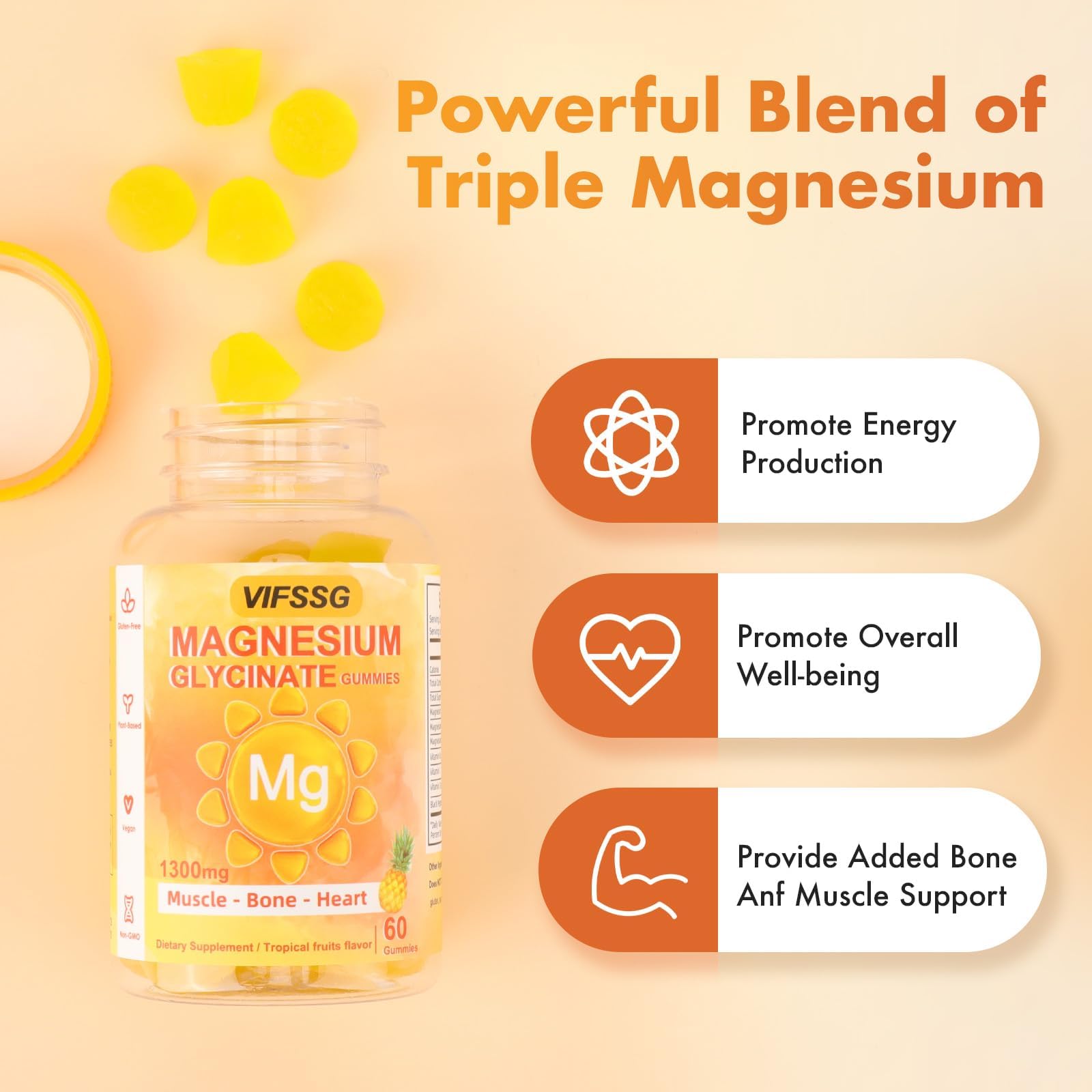 VIFSSG Magnesium Glycinate Gummies 500 Mg, Triple Magnesium Complex Sugar-Free Gummies with Malate 400 Mg, Citrate 400 Mg, Magnesium Supplement Chewable for Women & Men Vegan, Organic 60 Count VIFSSG uk supplements