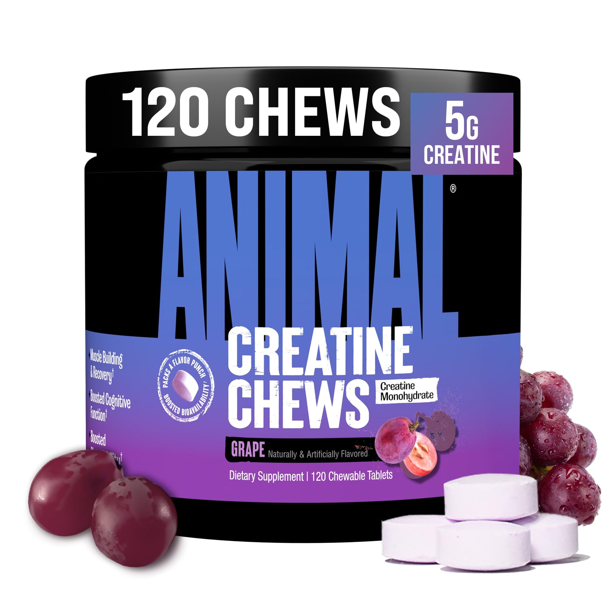 Animal Creatine Chews – 5g Creatine Monohydrate Tablets for Strength, Power & Training Recovery Support – Enhanced Absorption with AstraGin® – Convenient Chewable Format – 120 Tablets Animal uk supplements
