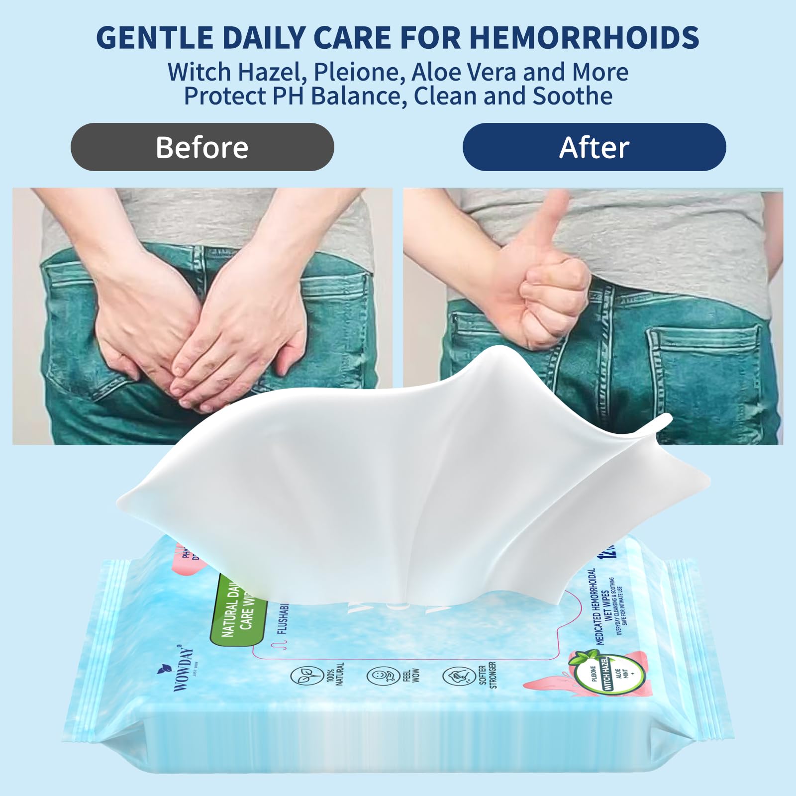 Wowday Flushable Hemorrhoid Wipes | Medicated Witch Hazel Wipes Ph Balanced | 112 Count Natural Fragrance Free Adult Hemorrhoids Witch Hazel Wipe for Butt Itch WowDay uk supplements