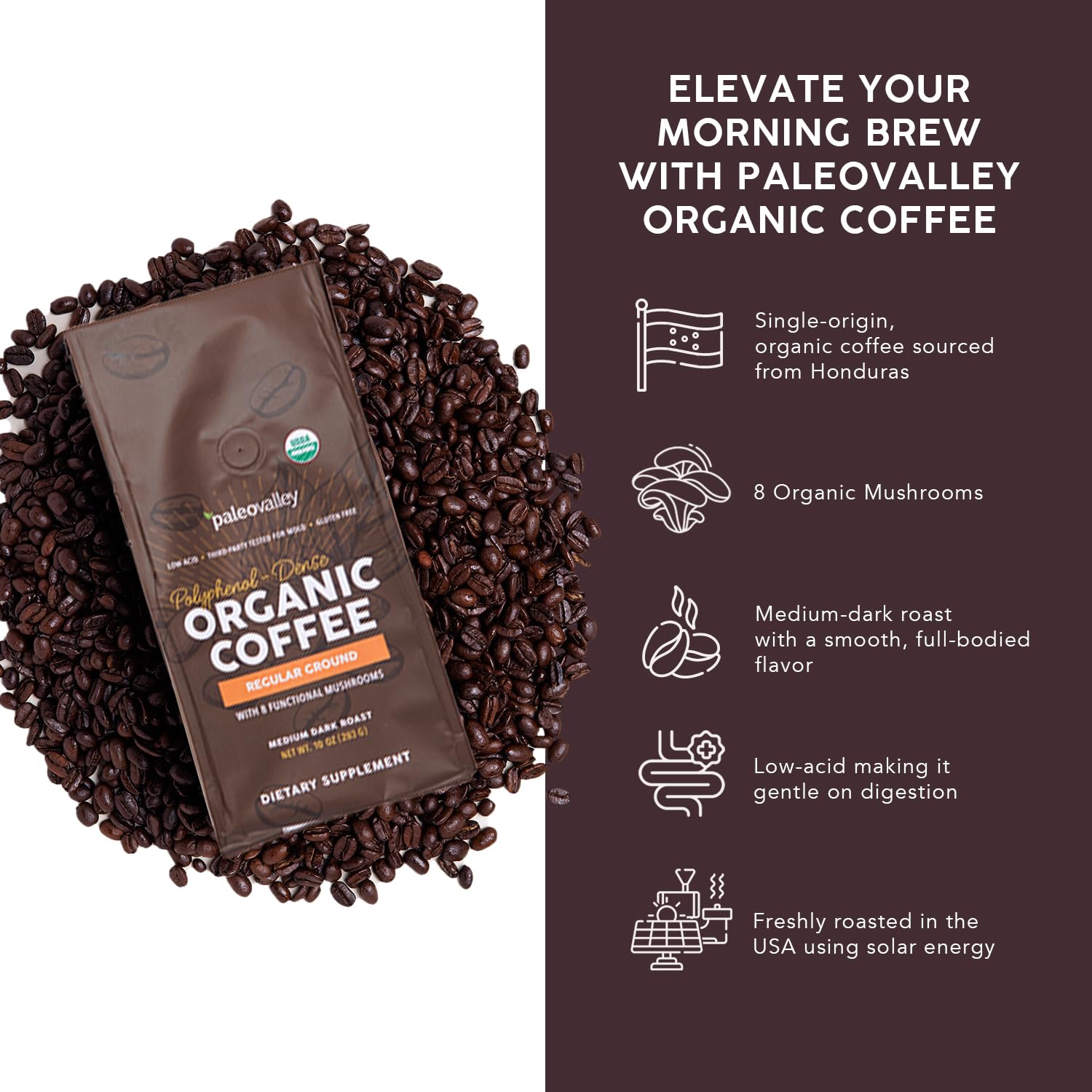 Paleovalley Organic Ground Coffee, 10oz - Regular, Low Acid, Single-Origin, Polyphenol-Rich, Infused with Mushrooms Paleovalley uk supplements