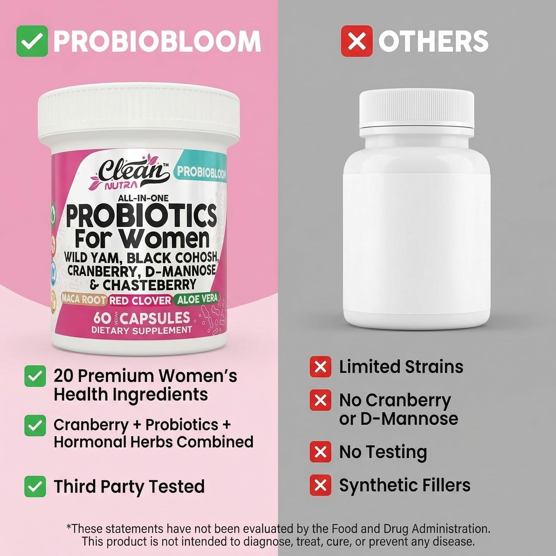 Clean Nutraceuticals Probiotics for Women with D Mannose, Cranberry Extract, Wild Yam, Chasteberry - 20 Probiotic and Prebiotic Strains - PH Balance, Womens Probiotic for Digestive Health - 60 Count Clean Nutraceuticals uk supplements