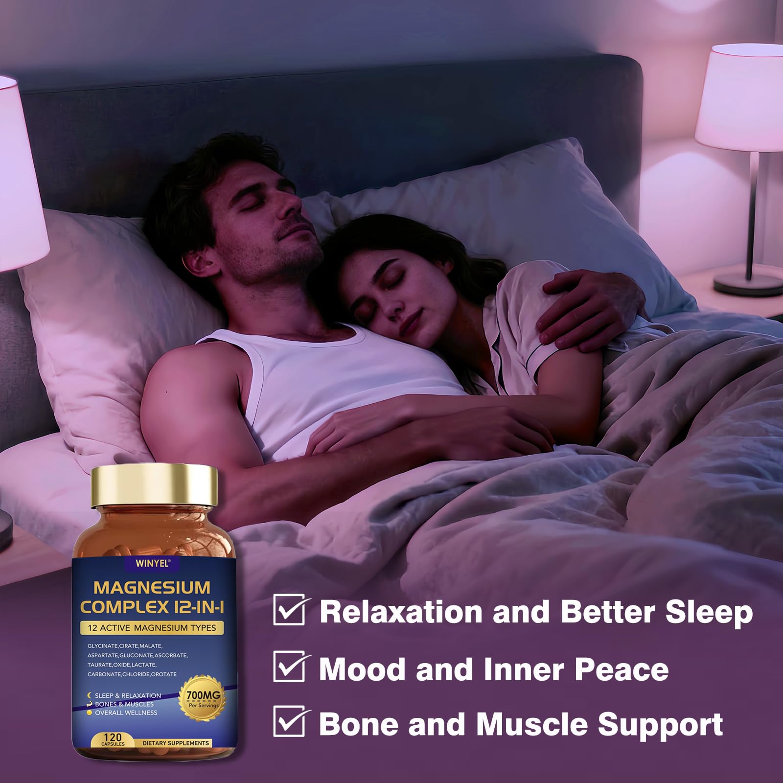 Magnesium Complex 700mg 12 in 1 Magnesium Supplement with Glycinate, Citrate, Malate | Sleep, Calm, Muscle Relaxation, Heart Health Support | Vegan 120 Capsules WINYEL uk supplements