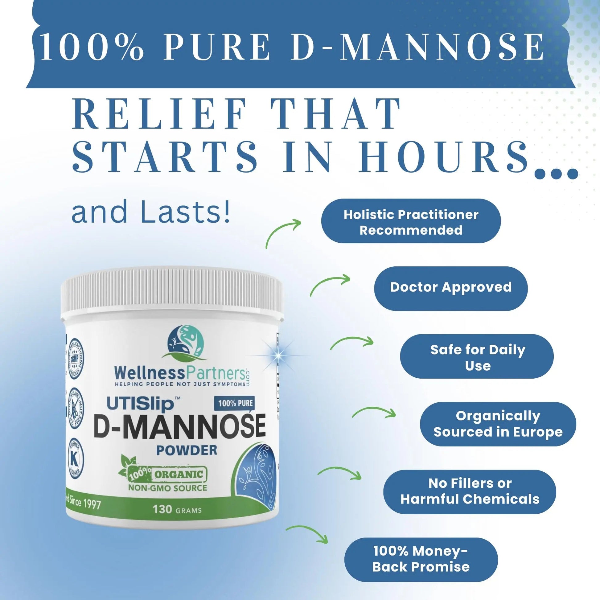 Now New UTI-Slip D Mannose Non GMO Organic Source Powder 130g jar. WellnessPartners uk supplements