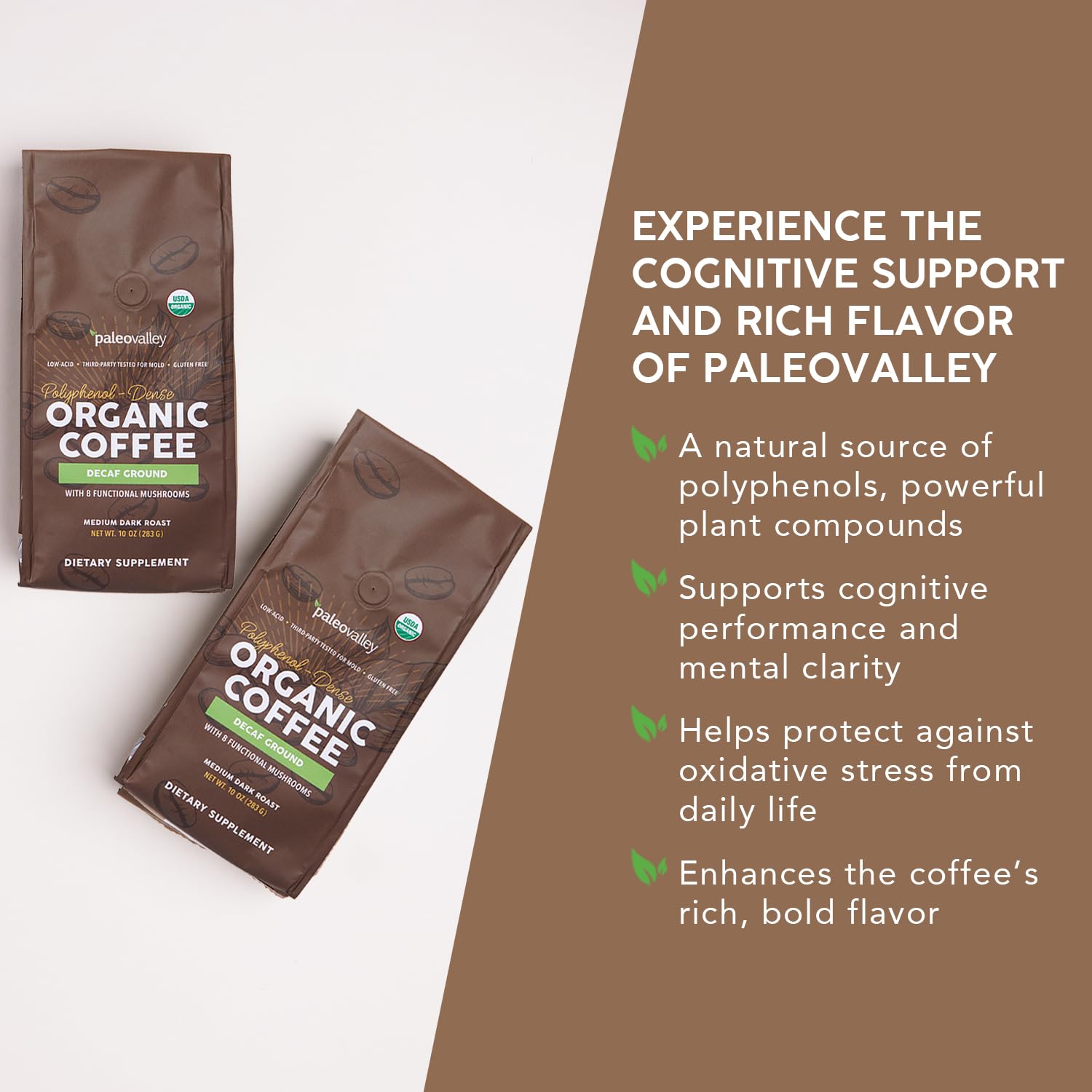 Paleovalley Organic Ground Coffee, 10oz - Decaf, Low Acid, Single-Origin, Polyphenol-Rich, Infused with Mushrooms Paleovalley uk supplements