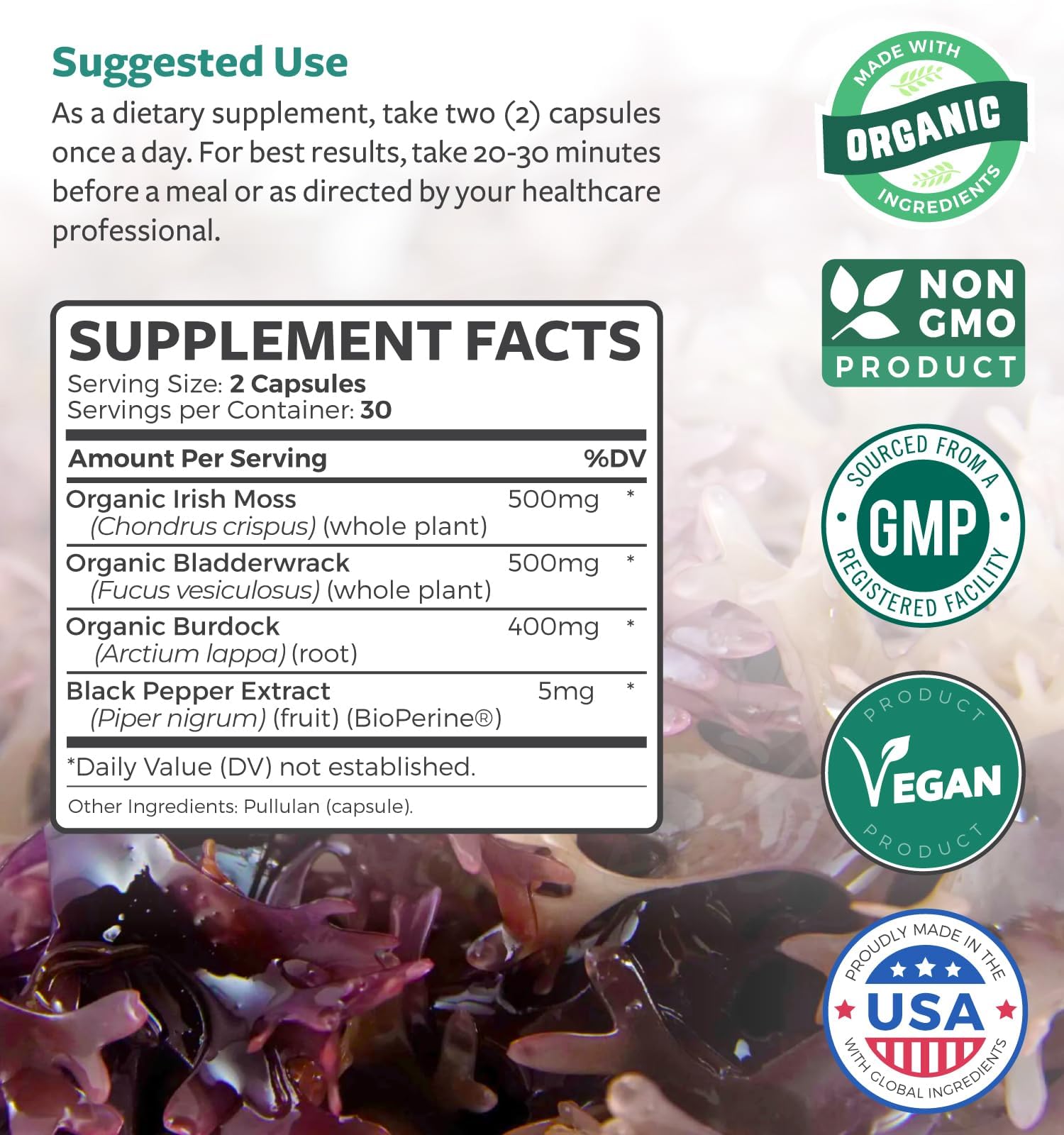 Organic Irish Sea Moss Capsules - Organic Sea Moss Capsules with Bladderwrack Burdock Root and Black Pepper Extract for Enhanced Absorption - Vegan Non-GMO & Made in the USA (1 Month Supply) Healths Harmony uk supplements