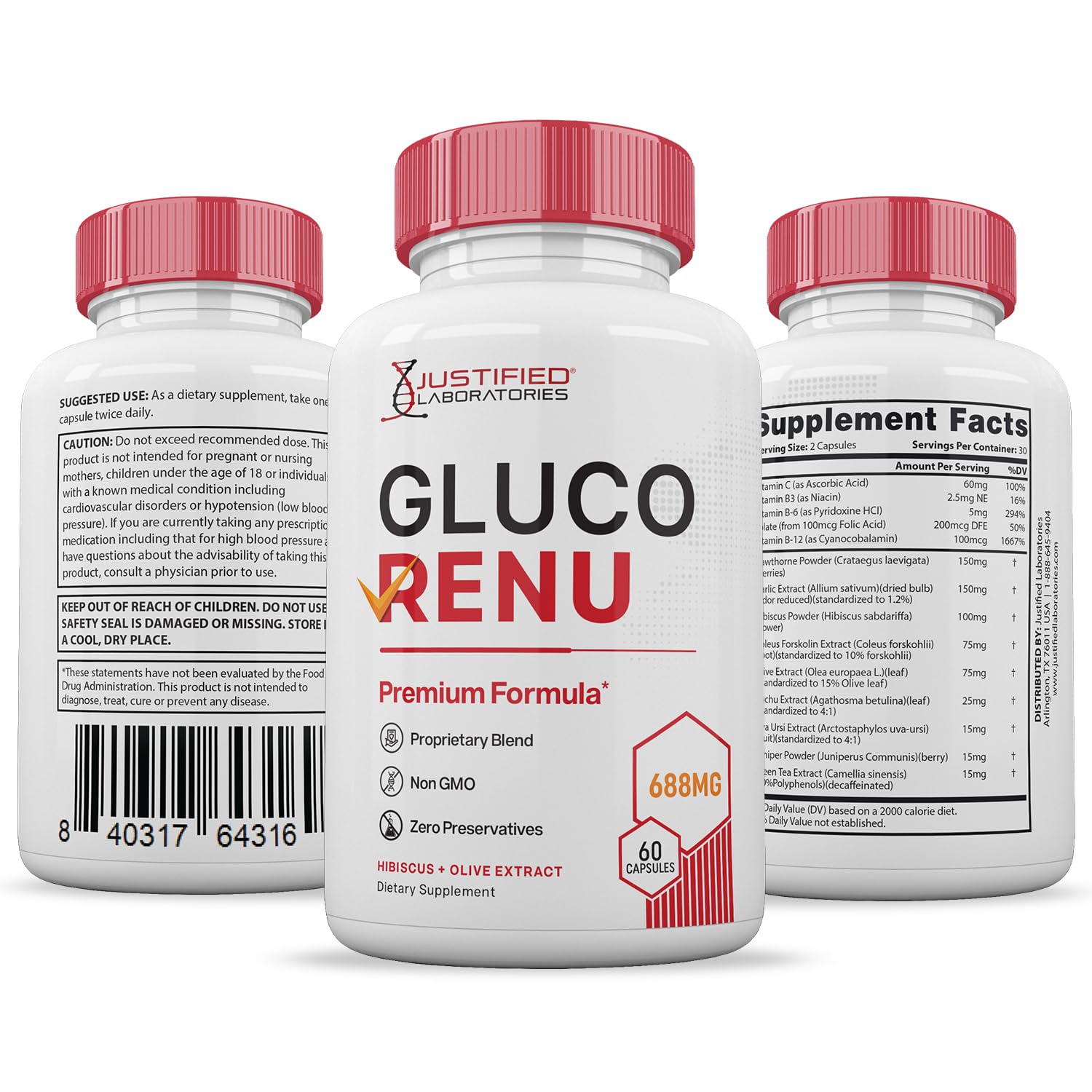 Gluco Renu 688MG Glyco Support Pills Premium Formula Gluo Renew Glycogen Support Formulated Hawthrone Hibiscus Garlic Junpier Powder Olive Forskolin Green Tea Extract 60 Capsules Justified Laboratories uk supplements