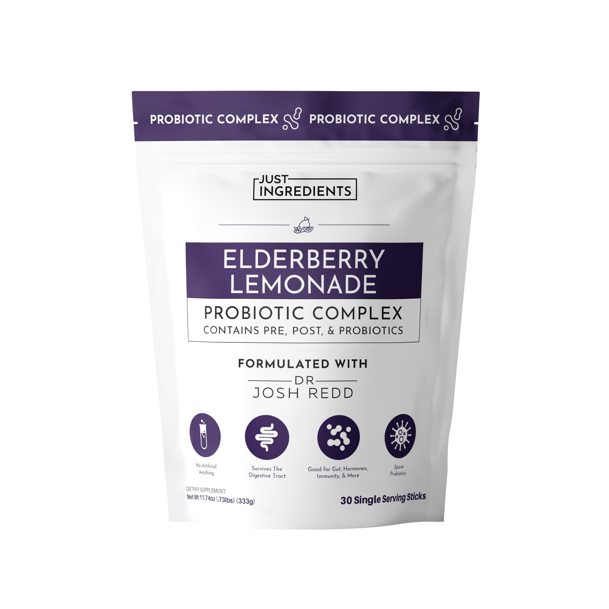 JUST INGREDIENTS Elderberry Lemonade 3-in-1 Probiotic Complex - Prebiotics, Probiotics & Postbiotics - 30 Sticks JUST INGREDIENTS uk supplements