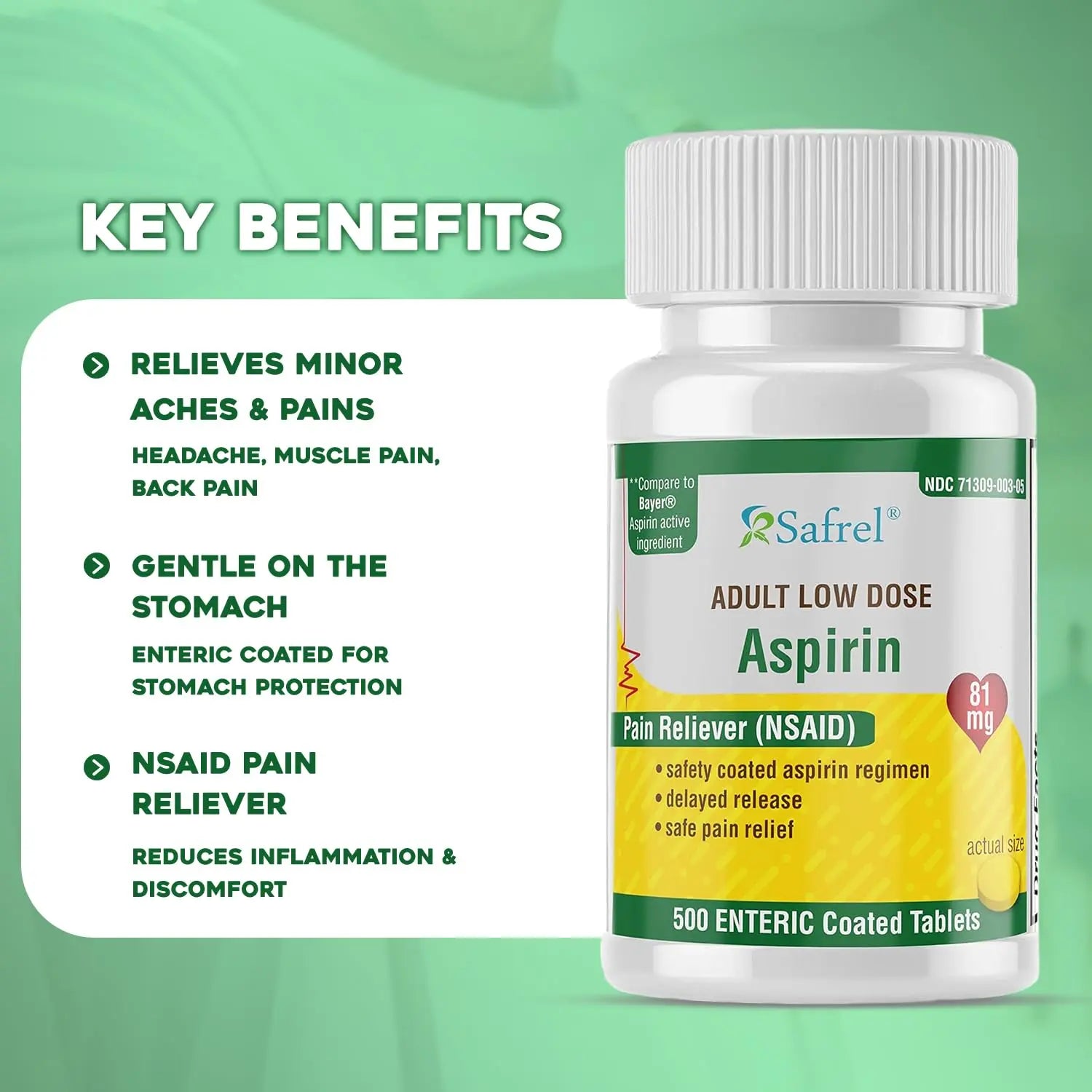 Safrel Generic Bayer Baby Aspirin 81 mg (500 Enteric Coated Tablets) | Adult Low Dose Strength Safe Pain Reliever (NSAID) for Minor Aches | Value Pack Safrel uk supplements
