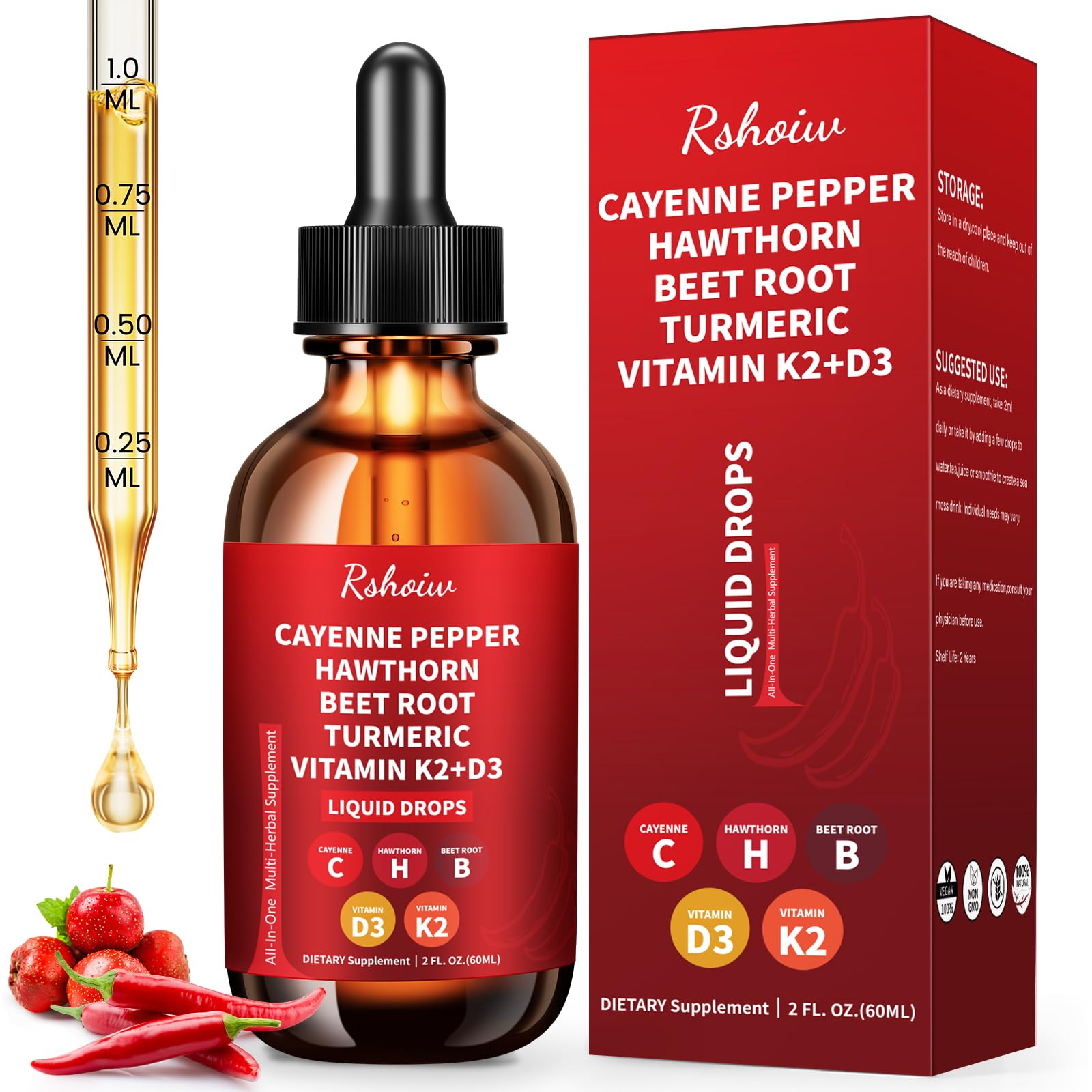 Cayenne Pepper Drops Supplement Liquid with Hawthorn Berry, Vitamin D3 K2, Turmeric Curcumin, Beet Root, Ceylon Cinnamon Vegan- Friendly - 60ml Rshoiw uk supplements