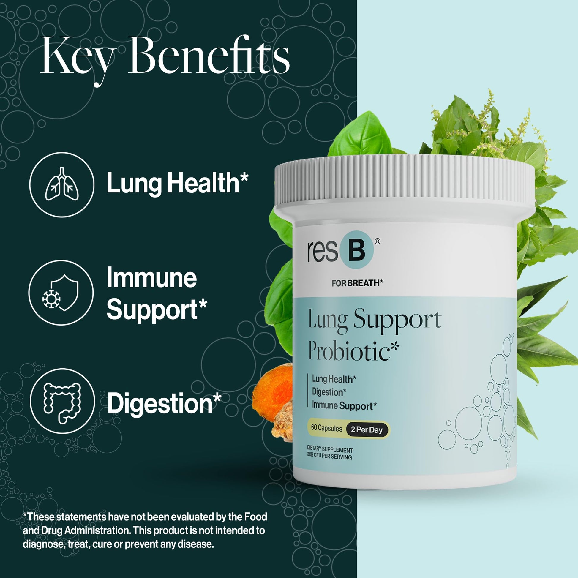 resB Lung Support Probiotic Supplement - Lung Health Supplement for Smokers, Gut Health, Immune & Digestive Support, Respiratory Care, Holy Basil & Turmeric, Clinically Trialed - 60 Capsules ResBiotic uk supplements