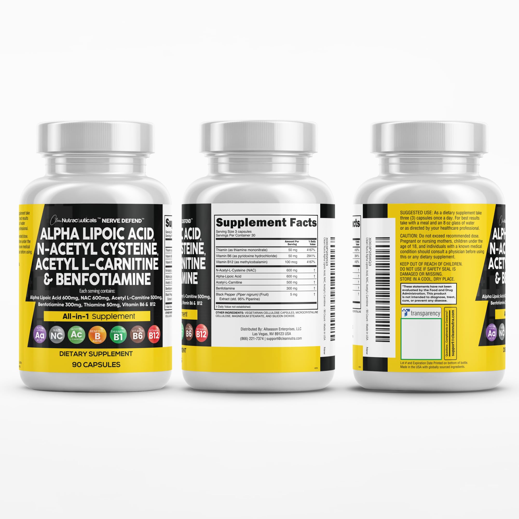 Alpha Lipoic Acid 600mg N-Acetyl Cysteine 600mg Acetyl L-Carnitine 500mg Benfotiamine 300mg - Nerve Support Supplement for Women and Men with Vitamin B1 B6 & B12 - Made in USA 90 Caps Clean Nutraceuticals uk supplements