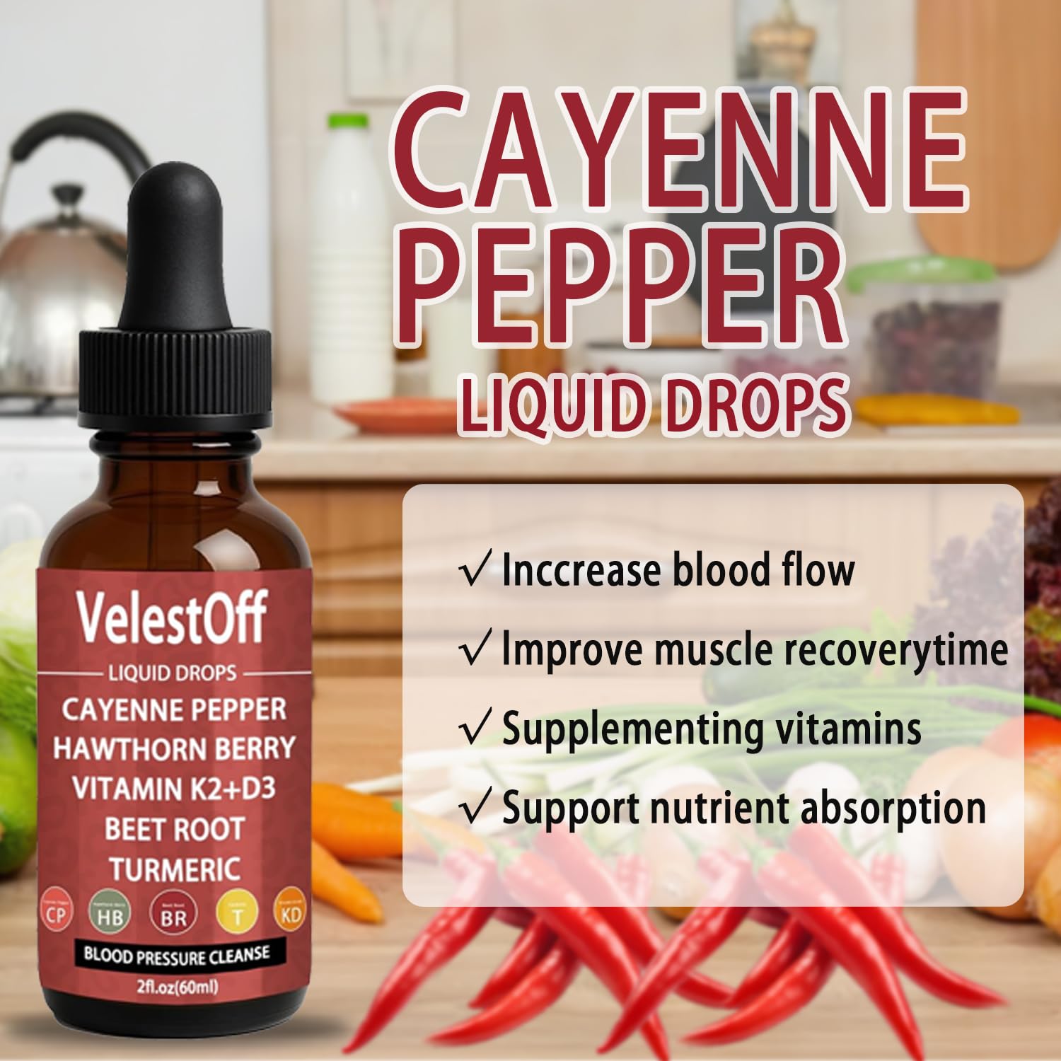 Velestoff Cayenne Pepper & Cayenne Pepper Drops Liquid Supplement with Hawthorn, Beet Root, Turmeric, Vitamin K2 D3 Nutralis uk supplements