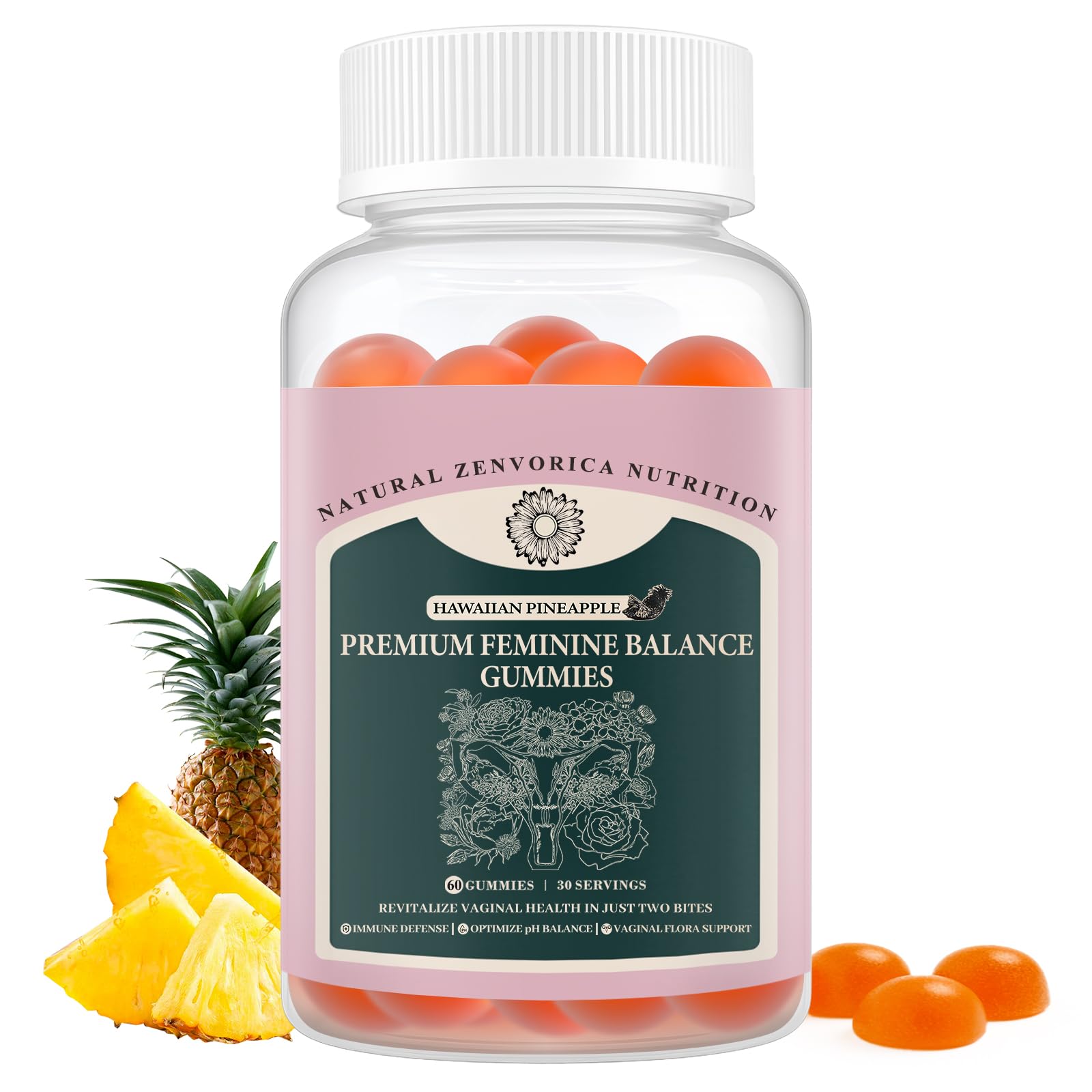 Zenvorica Premium Feminine Balance Gummies for Women - Hawaiian Pineapple pH Balance Probiotic Gummies for Odor and Flora Wellness, Immune Support, Vegan, 60 Count Zenvorica uk supplements