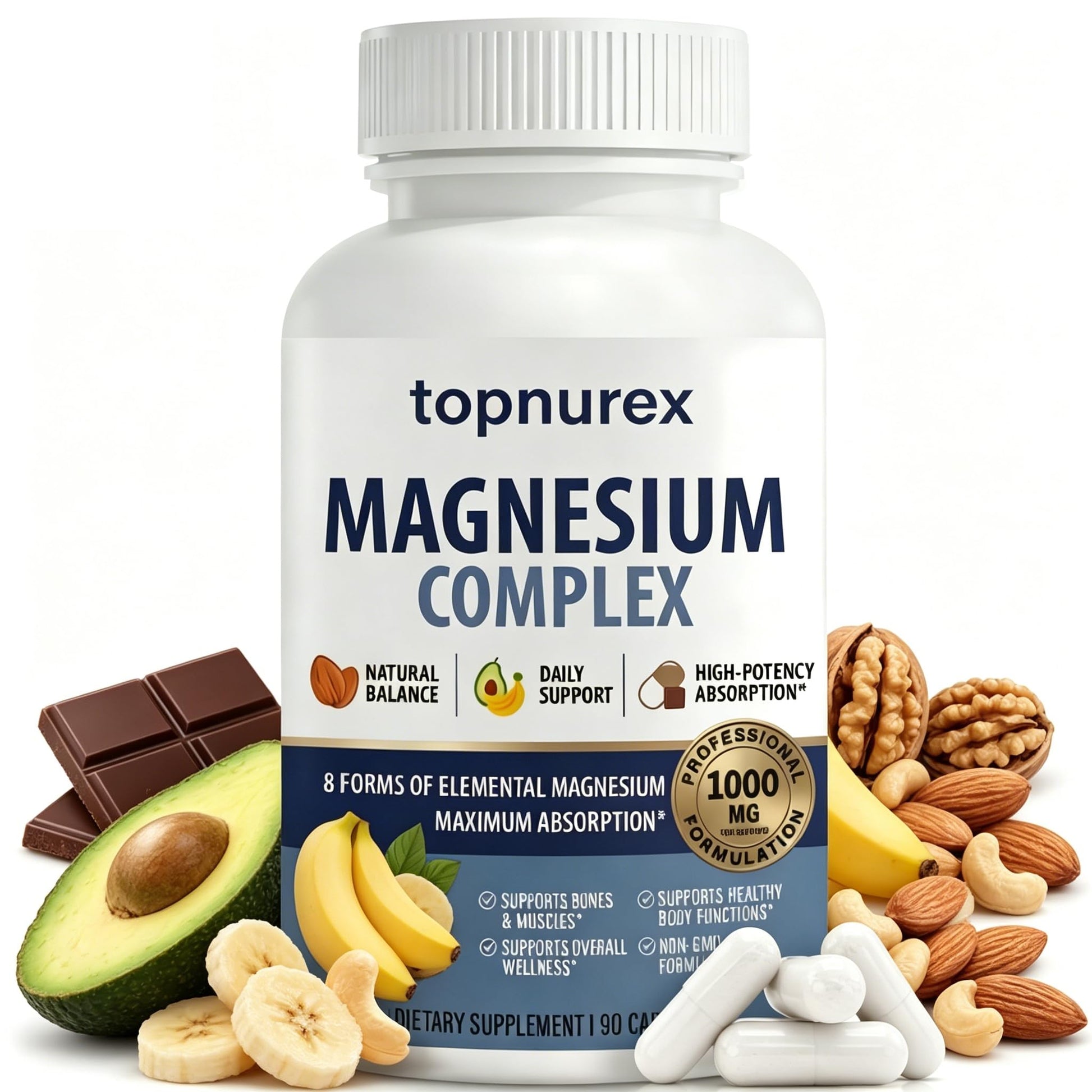 Topnurex Magnesium Complex for Women & Men - 1000mg High Absorption, 8 Essential Magnesium, 90 Capsules Topnurex uk supplements