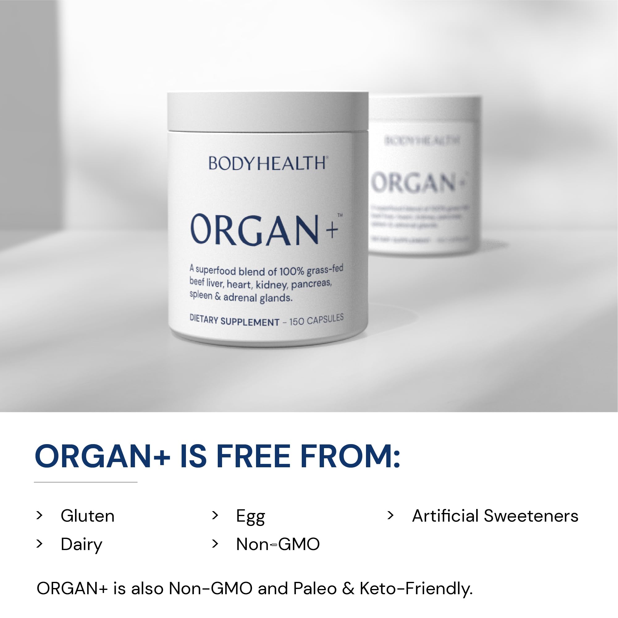 BodyHealth Organ+ Grass-Fed Glandular Organ Complex, Grassfed Beef Organ Supplement, Dessicated Beef Liver, Heart, Kidney, Pancreas, Spleen, Non GMO, Adrenal, Supplement, (150 Capsules) BodyHealth uk supplements