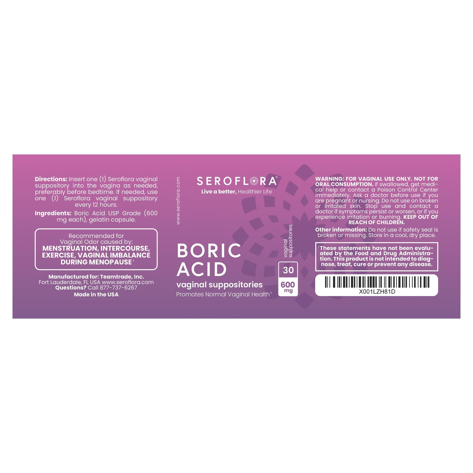 Seroflora Boric Acid Vaginal Suppositories for Women + 1 Suppository Applicator - Helps Support Vaginal Odor pH Balance, Yeast Infection and Bacterial Vaginosis Seroflora uk supplements