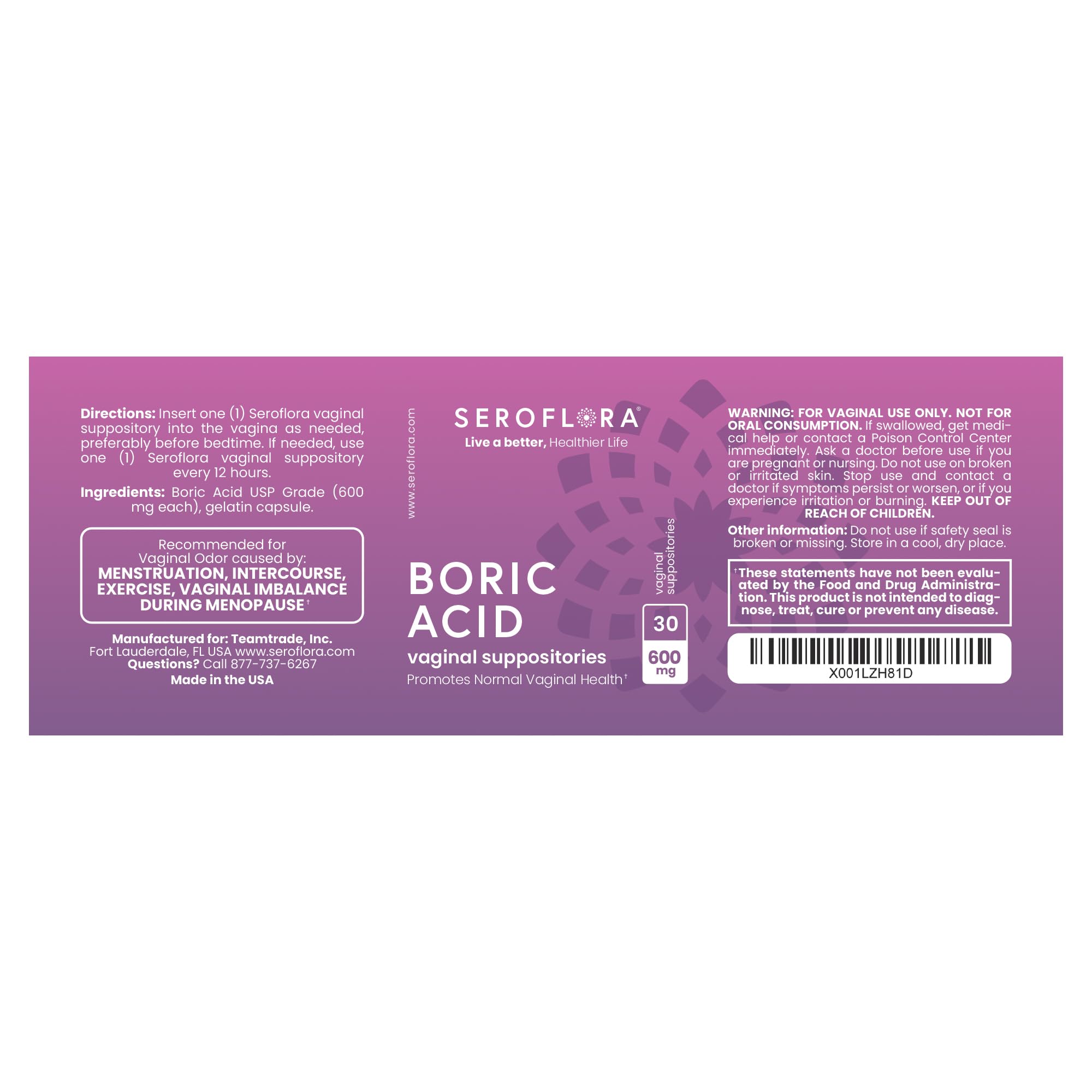 Seroflora Boric Acid Vaginal Suppositories for Women + 1 Suppository Applicator - Helps Support Vaginal Odor pH Balance, Yeast Infection and Bacterial Vaginosis Seroflora uk supplements