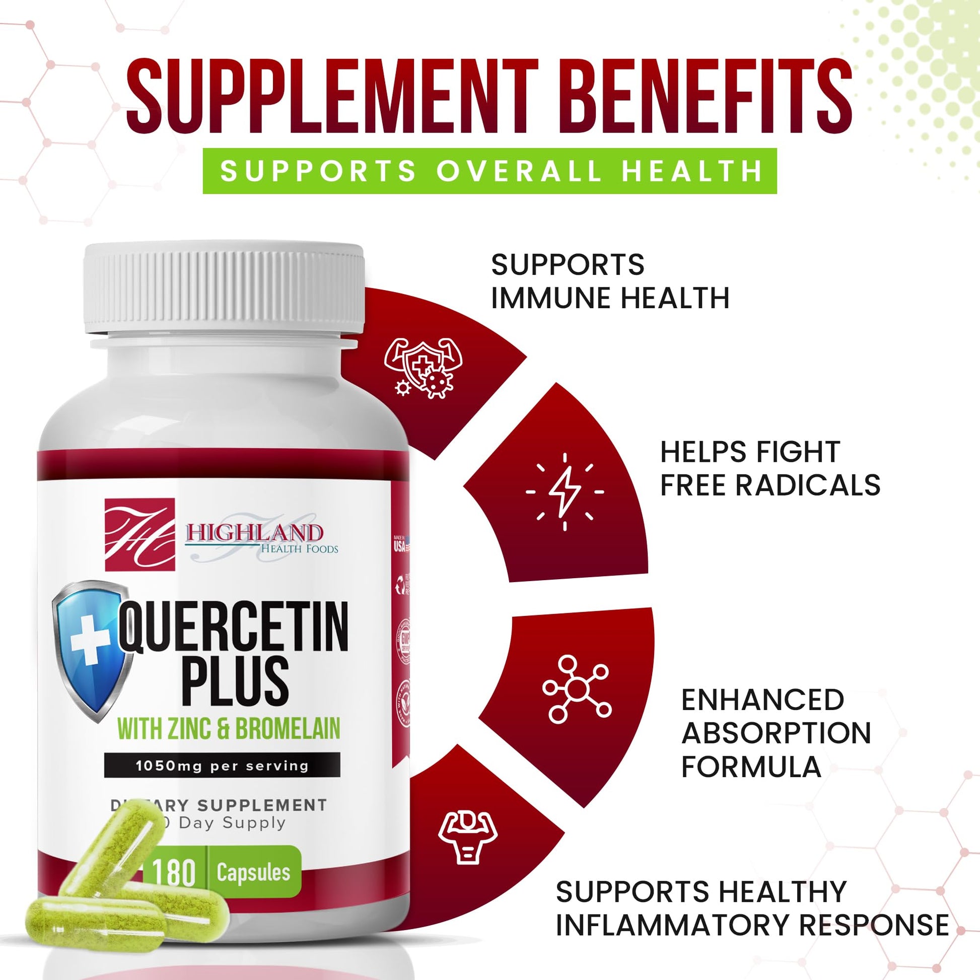 Highland Health Foods Quercetin Plus Bromelain and Zinc 180 Capsules - Immune Support Supplement for Adults, Teens, Seniors - Quercetin with Bromelain for Immune Support Highland Health Foods uk supplements