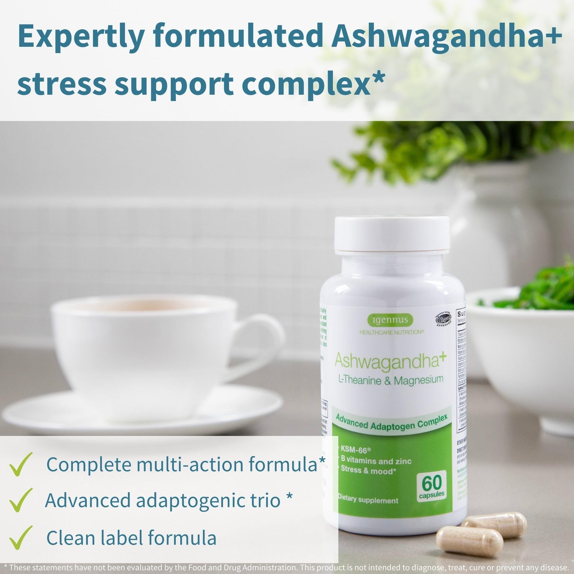 Igennus High Strength Ashwagandha, Magnesium, & L-Theanine Stress Relief Complex, KSM-66 Root Extract Adaptogens, Boosted with Methylfolate, Zinc & Biotin Clean Label, 60 Fast Acting Capsules Igennus Healthcare Nutrition uk supplements