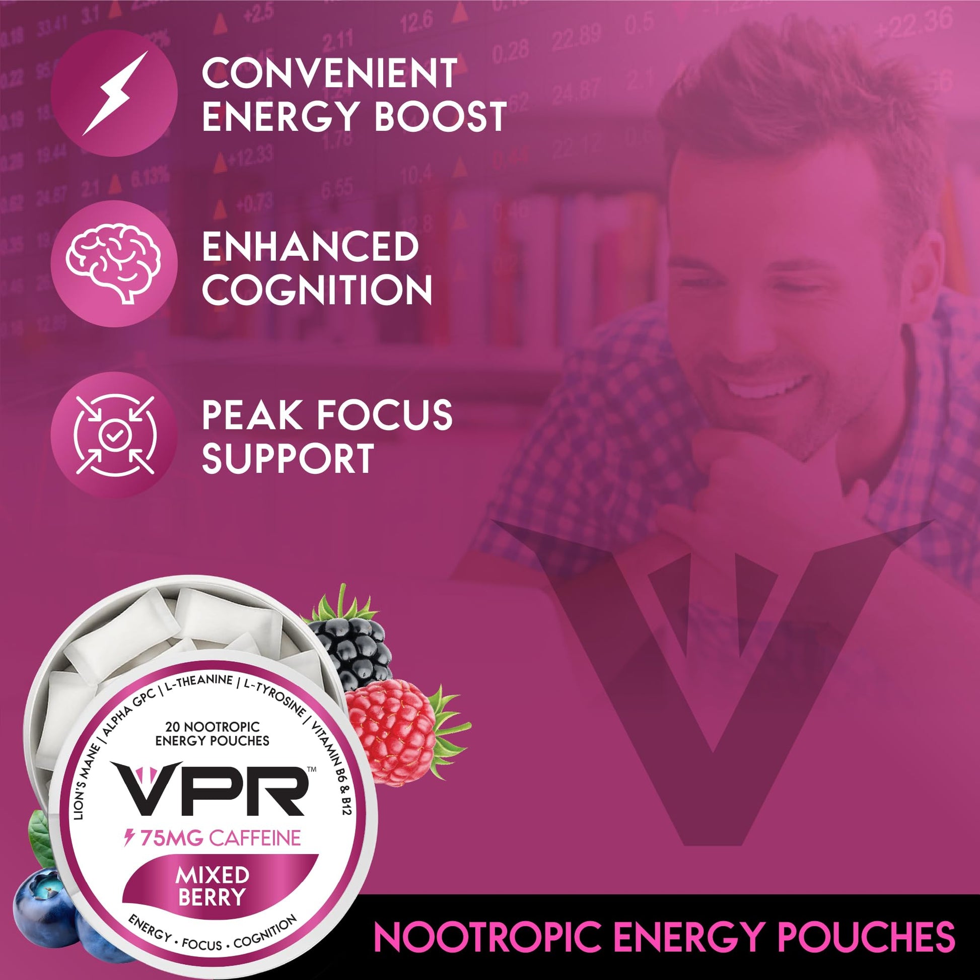 VPR 75MG Caffeine Nootropic Pouches | 20 Count Energy Pouches with Lion's Mane, Alpha-GPC, Vitamin B6 & B12, L-Theanine, and L-Tyrosine | Naturally Flavored Focus Pouches with No Sugar (Variety Pack) VPR Energy uk supplements