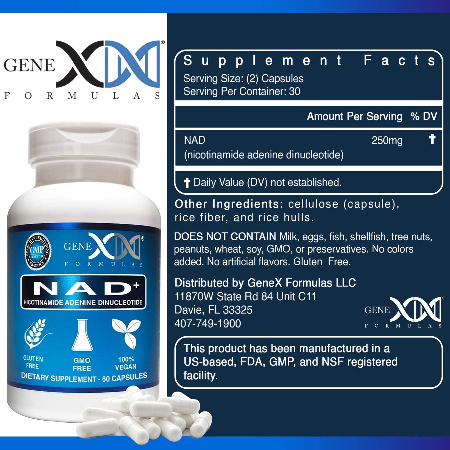 Genex Formulas NAD+ 250mg Serving 60 Capsules Nicotinamide Adenine Dinucleotide (Actual NAD+ Not a Precursor) (1) Genex Formulas uk supplements