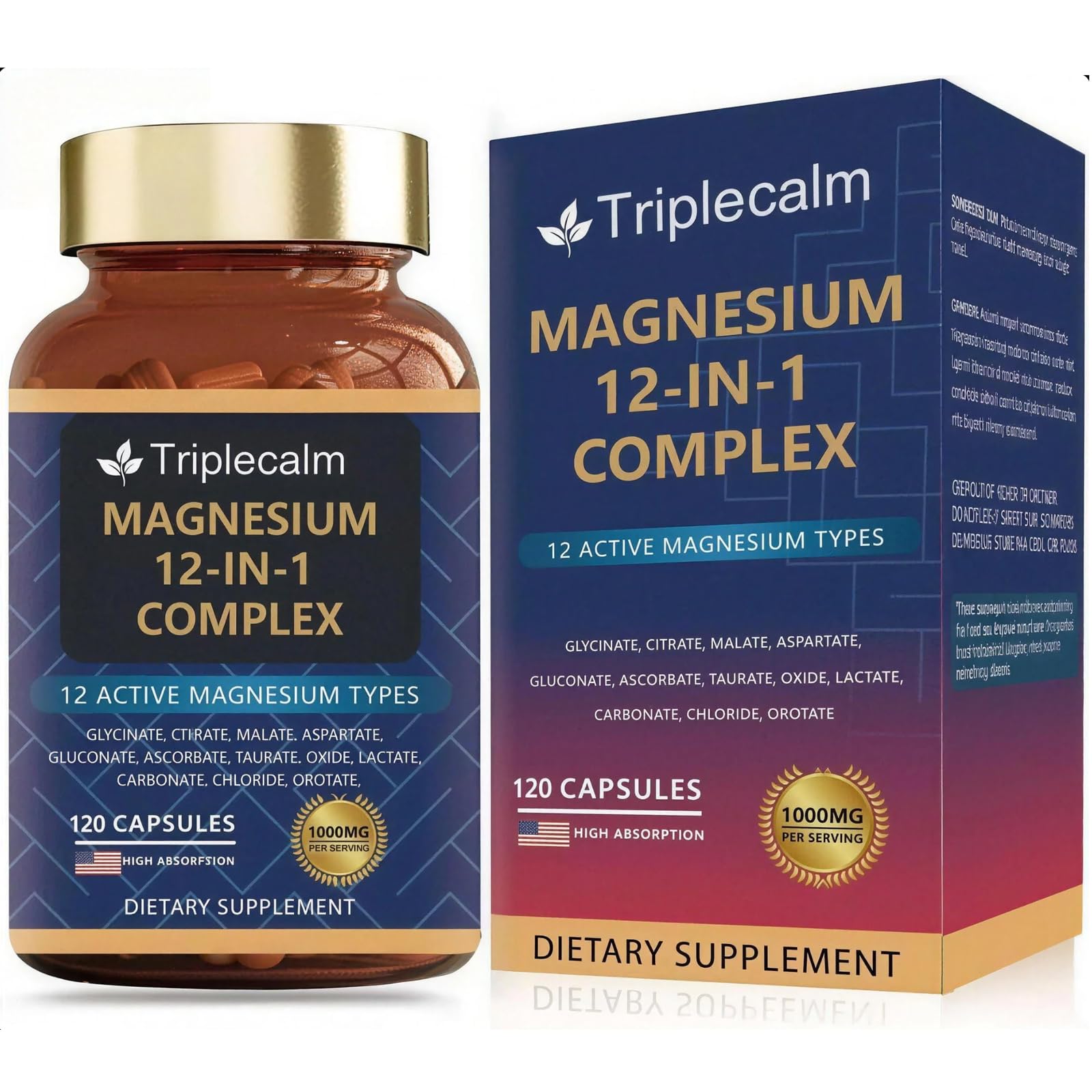 Magnesium Complex 12 in 1 Supplement - 12 Elemental 1000mg - Magnesium Glycinate, Citrate, Malate, Taurate - High Absorption,for Muscle, Nerve & Sleep Support - 120 Capsules Triplecalm uk supplements