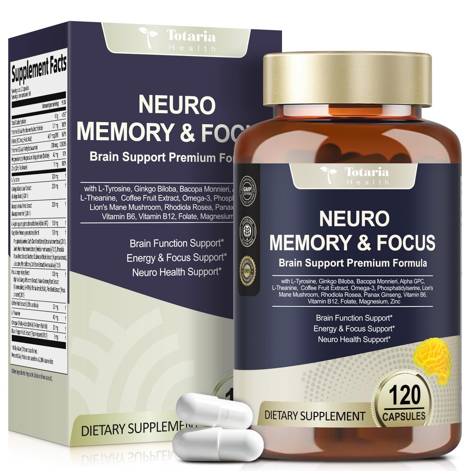 25 in 1 Brain Supplements for Memory and Focus & Neuro Health - Daily Brain Nootropic Cognitive Supplement with L-Tyrosine, Bacopa Monnieri, Ginkgo Biloba, Alpha GPC - Non-GMO, Gluten Free Totaria uk supplements