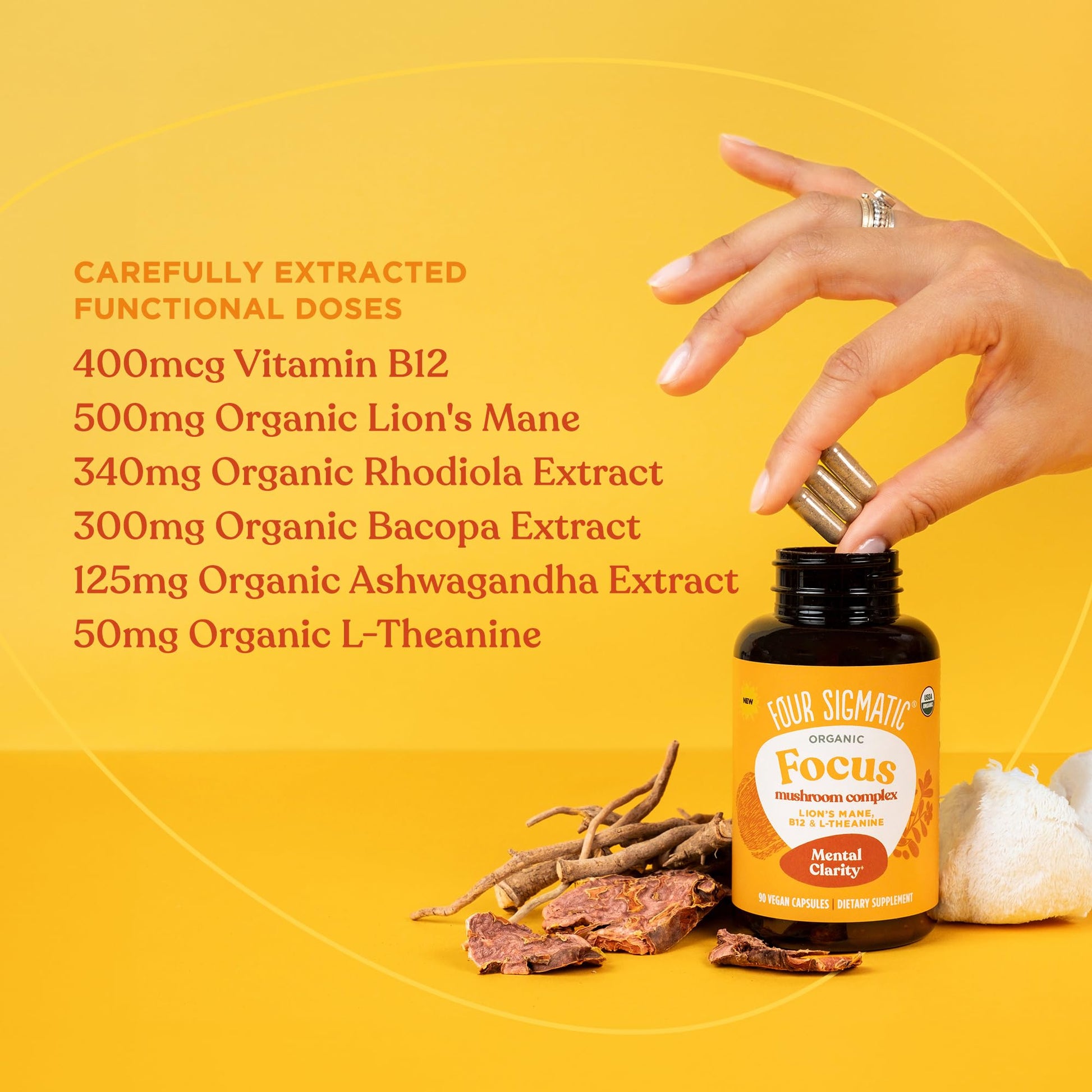 Four Sigmatic Focus Capsules | Lion's Mane Supplement Capsules | Brain Boosting Complex with Ashwagandha, Bacopa Monnieri & Rhodiola | Vegan Nootropic Adaptogen & Mushroom Supplement | 30 Servings Four Sigmatic uk supplements