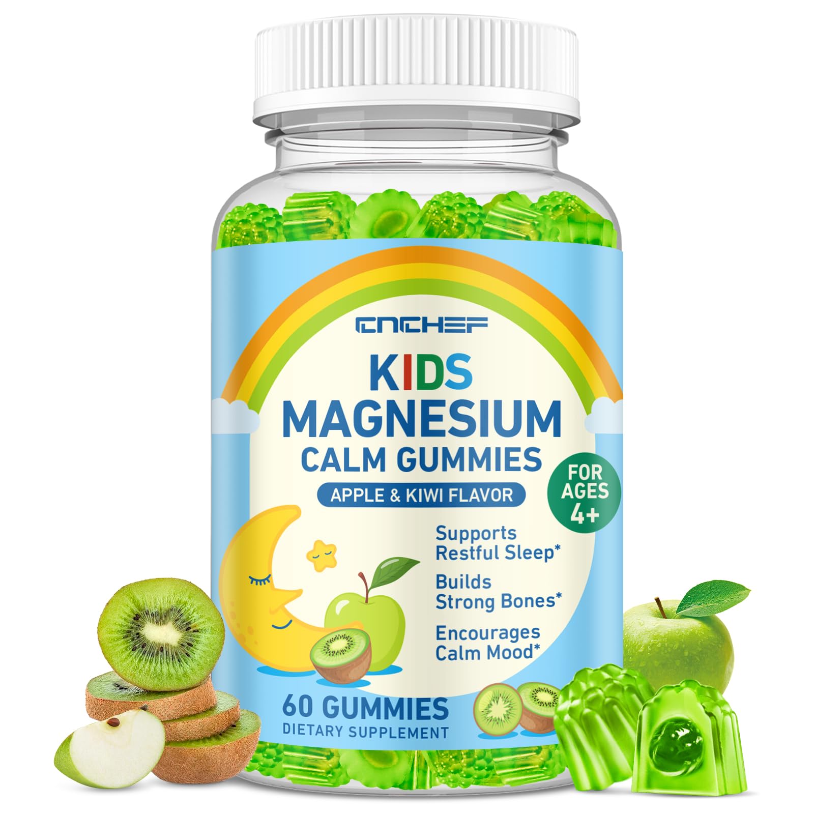 Center-Filled Magnesium Gummies for Kids 300MG - Magnesium Glycinate Gummies with L-theanine, Omega-3, Vitamin B6, D for Kids & Adults, Supplement for Sleep, Calm & Muscle Relaxation - Apple & Kiwi CNCHEF uk supplements