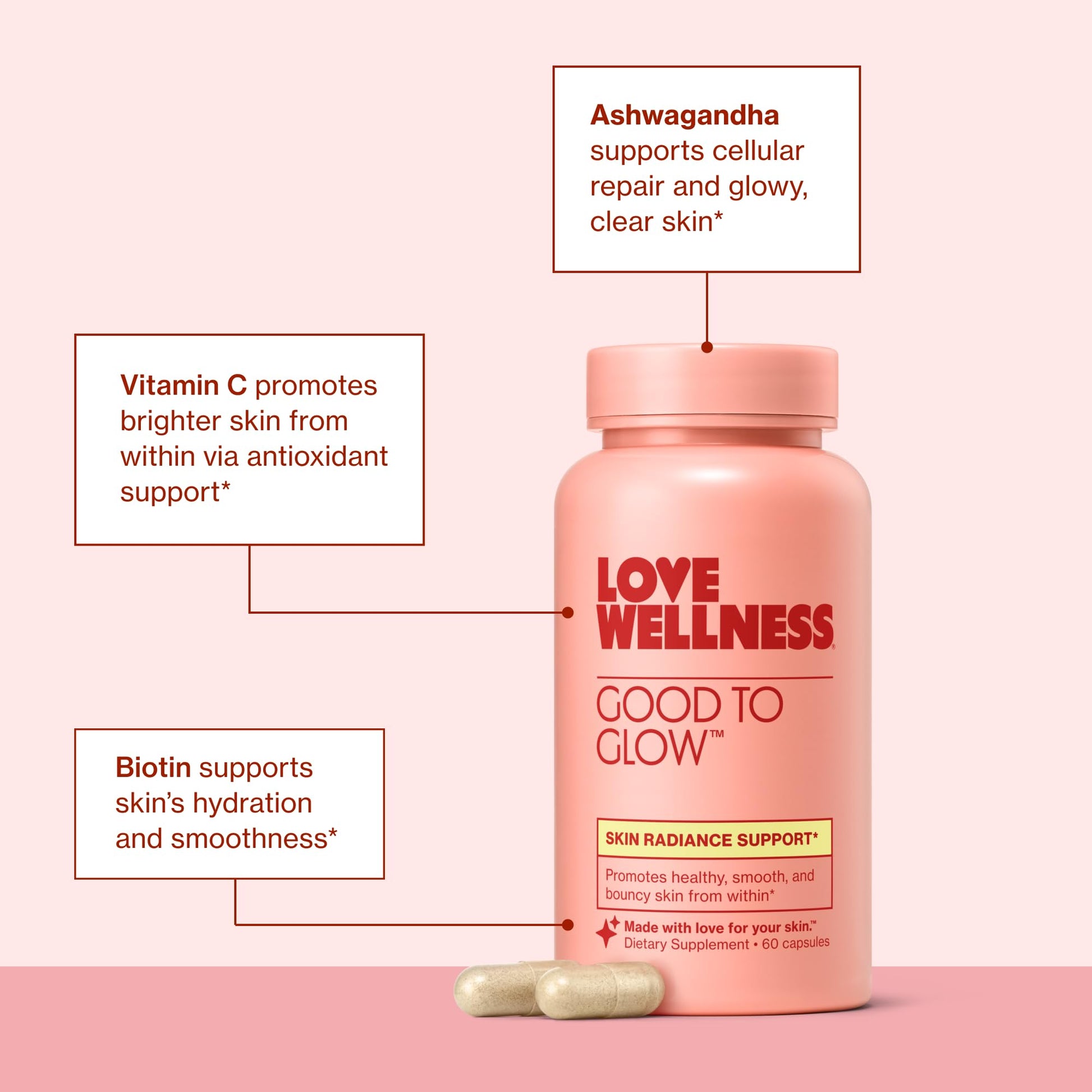 Love Wellness Good to Glow | Collagen Supplement with Biotin, Vitamin C, E, Ashwagandha & Zinc | Promotes Smooth, Glowing & Clear Skin | Enhances Smoothness & Promotes Healthy Skin | 60 Count Love Wellness uk supplements