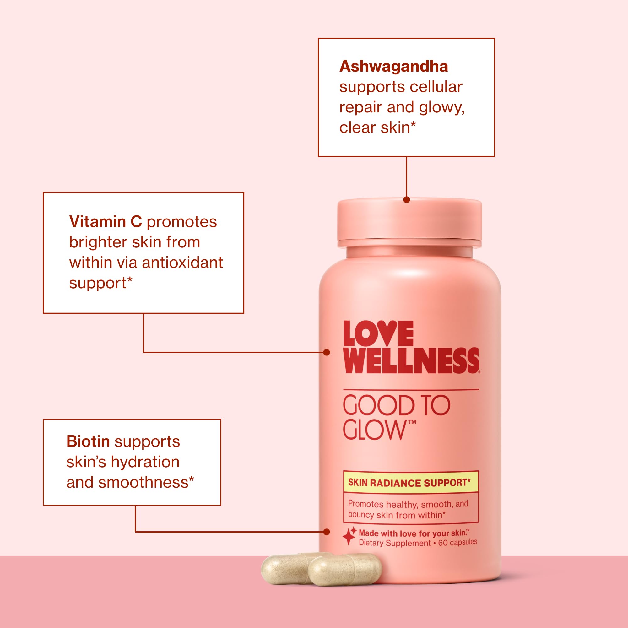 Love Wellness Good to Glow | Collagen Supplement with Biotin, Vitamin C, E, Ashwagandha & Zinc | Promotes Smooth, Glowing & Clear Skin | Enhances Smoothness & Promotes Healthy Skin | 60 Count Love Wellness uk supplements