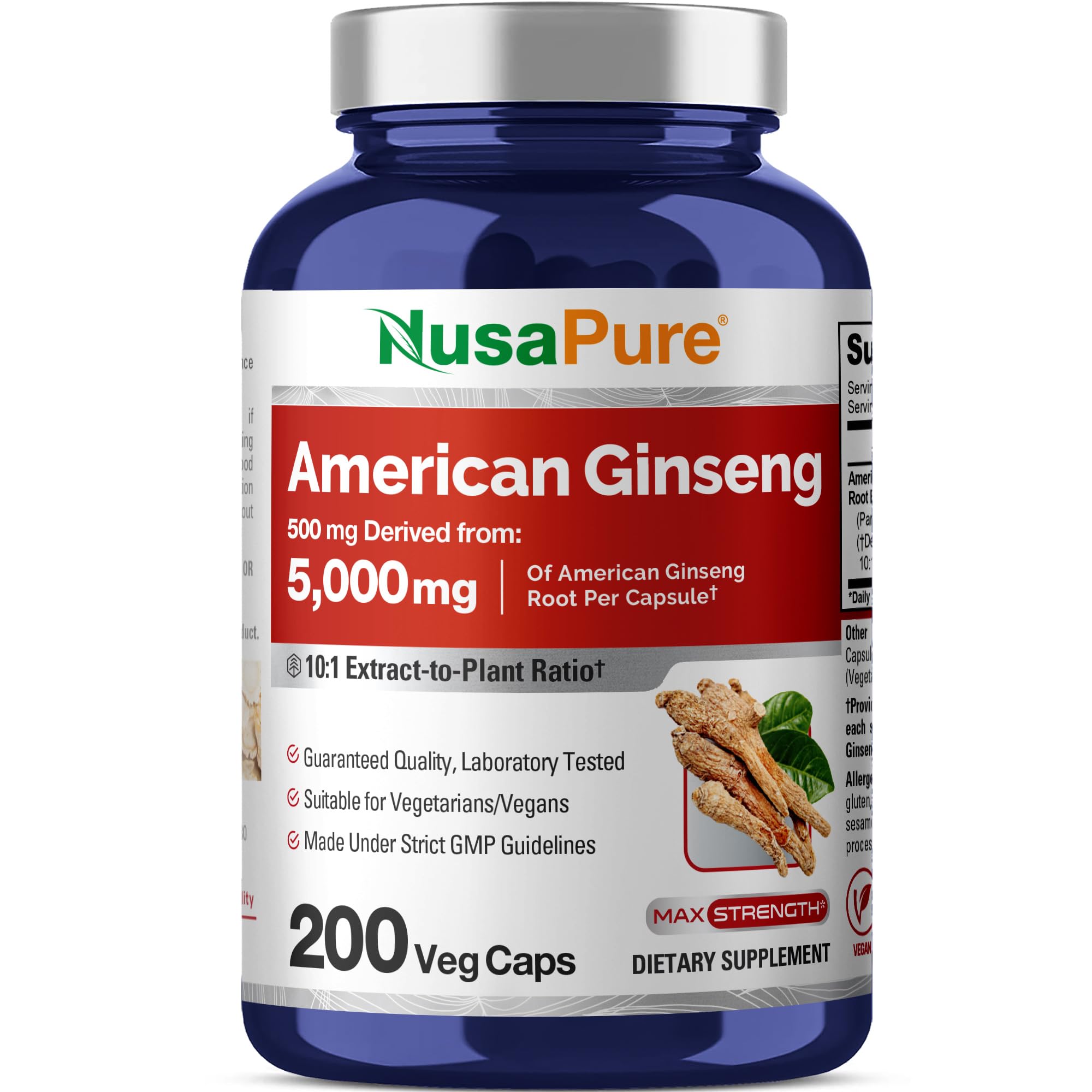 NusaPure American Ginseng 10:1 Extract, 500 mg Equivalent to 5000mg - 200 Veggie Capsules (Vegetarian, Non-GMO, Vegan) NusaPure uk supplements