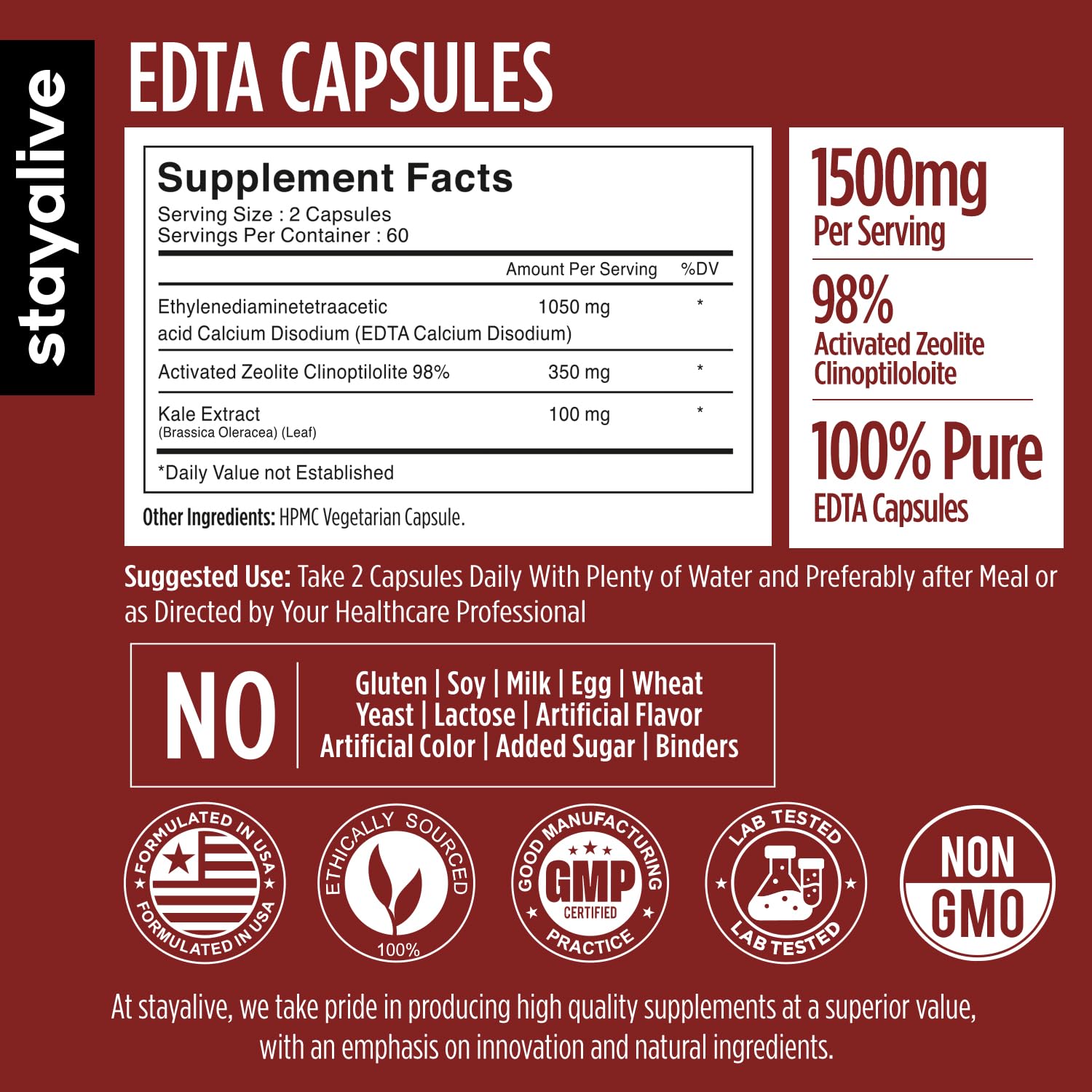 STAY ALIVE EDTA Capsules 1500mg with Zeolite 98% and Kale Extract Powder, 120 Pills, Non-GMO & Gluten Free Calcium Disodium EDTA Supplement STAY ALIVE uk supplements