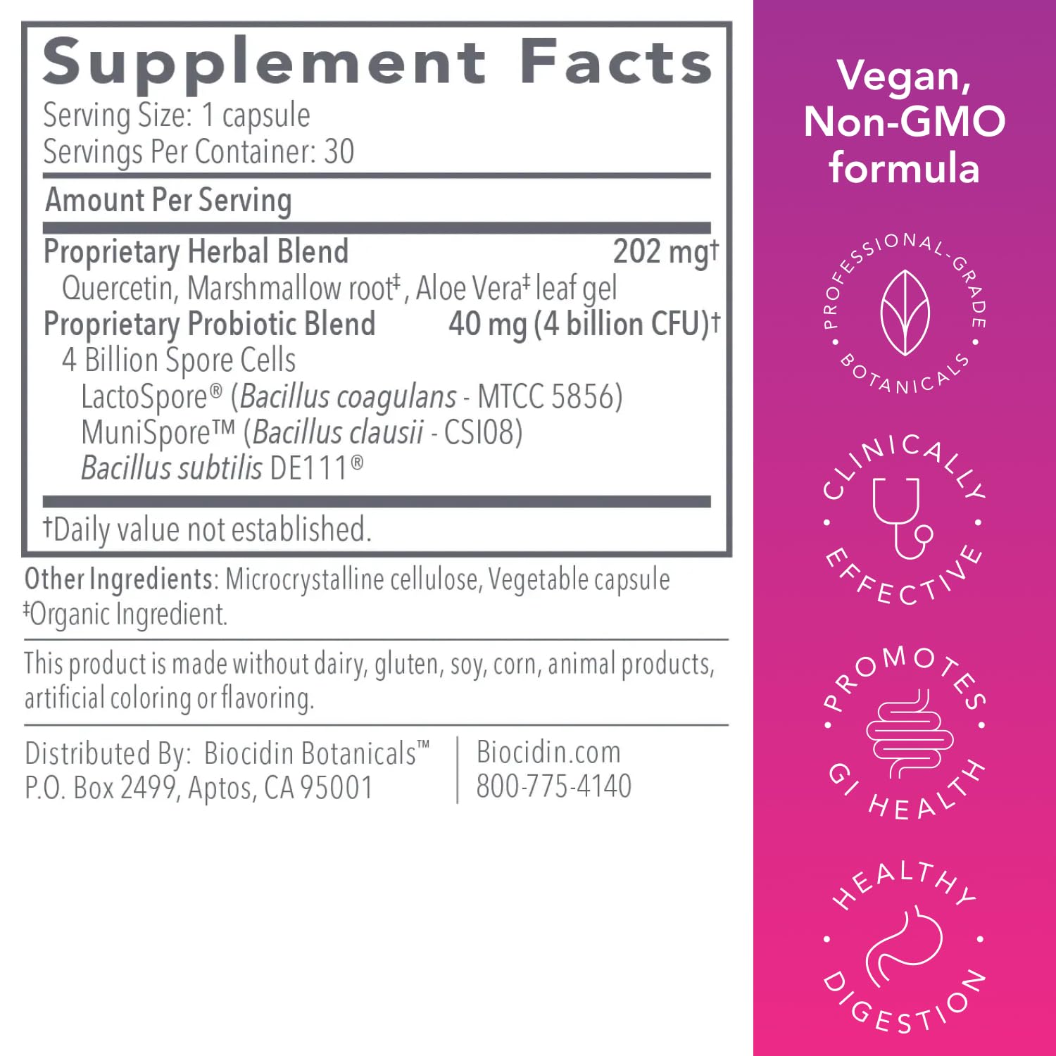 Biocidin Proflora 4R Spore Probiotic - Digestive Health Probiotics for Women & Men - Clinically Researched Bacillus Strains & Organic Aloe, Marshmallow Root for Gut Support (30 Vegan Capsules) Bio-Botanical Research uk supplements