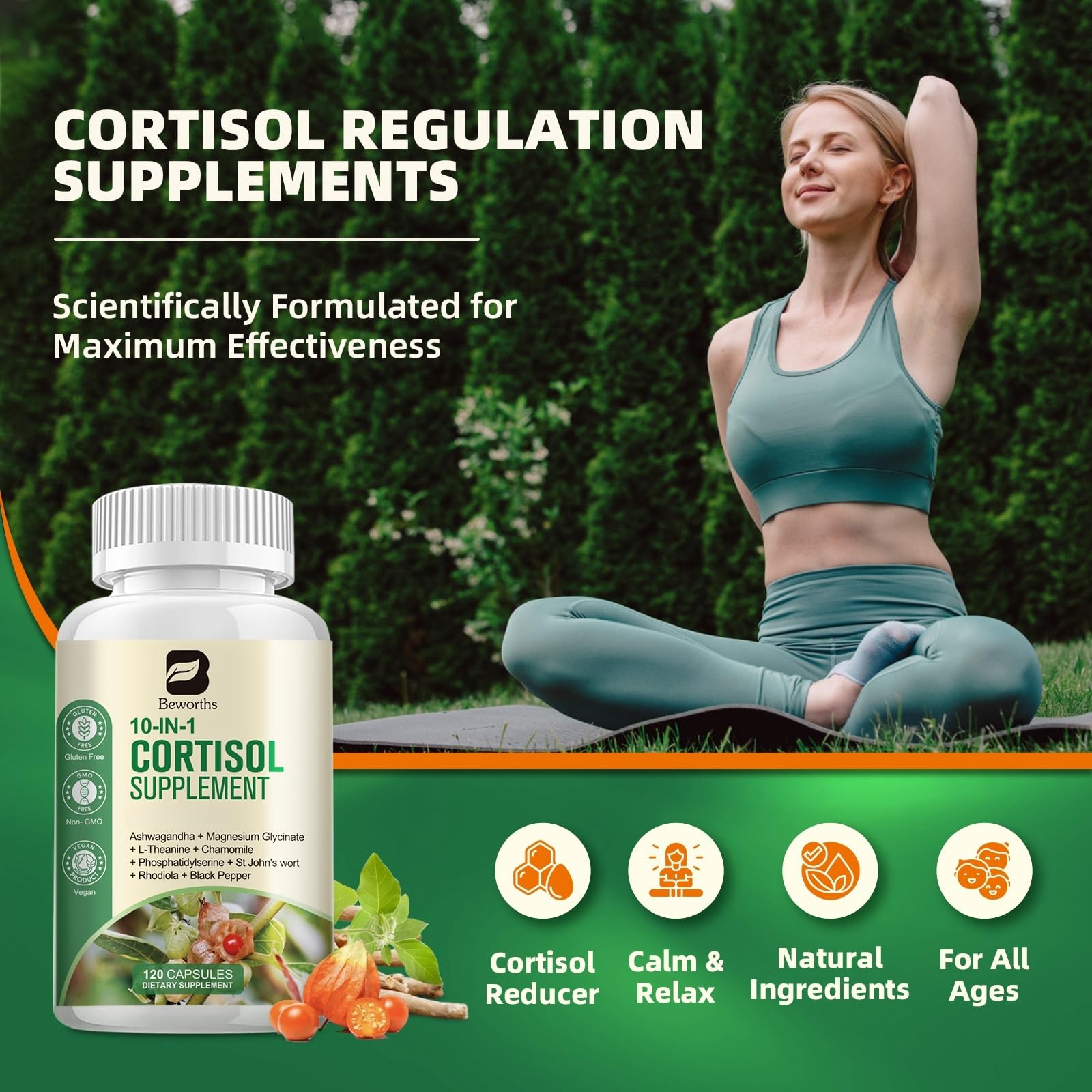 B BEWORTHS Cortisol Supplements for Women Men, 10-in-1 Cortisol Detox with Ashwagandha, Magnesium, L-Theanine, Balanced Cortisol Levels, Night & Calm Support, 120 Vegan Capsules B BEWORTHS uk supplements