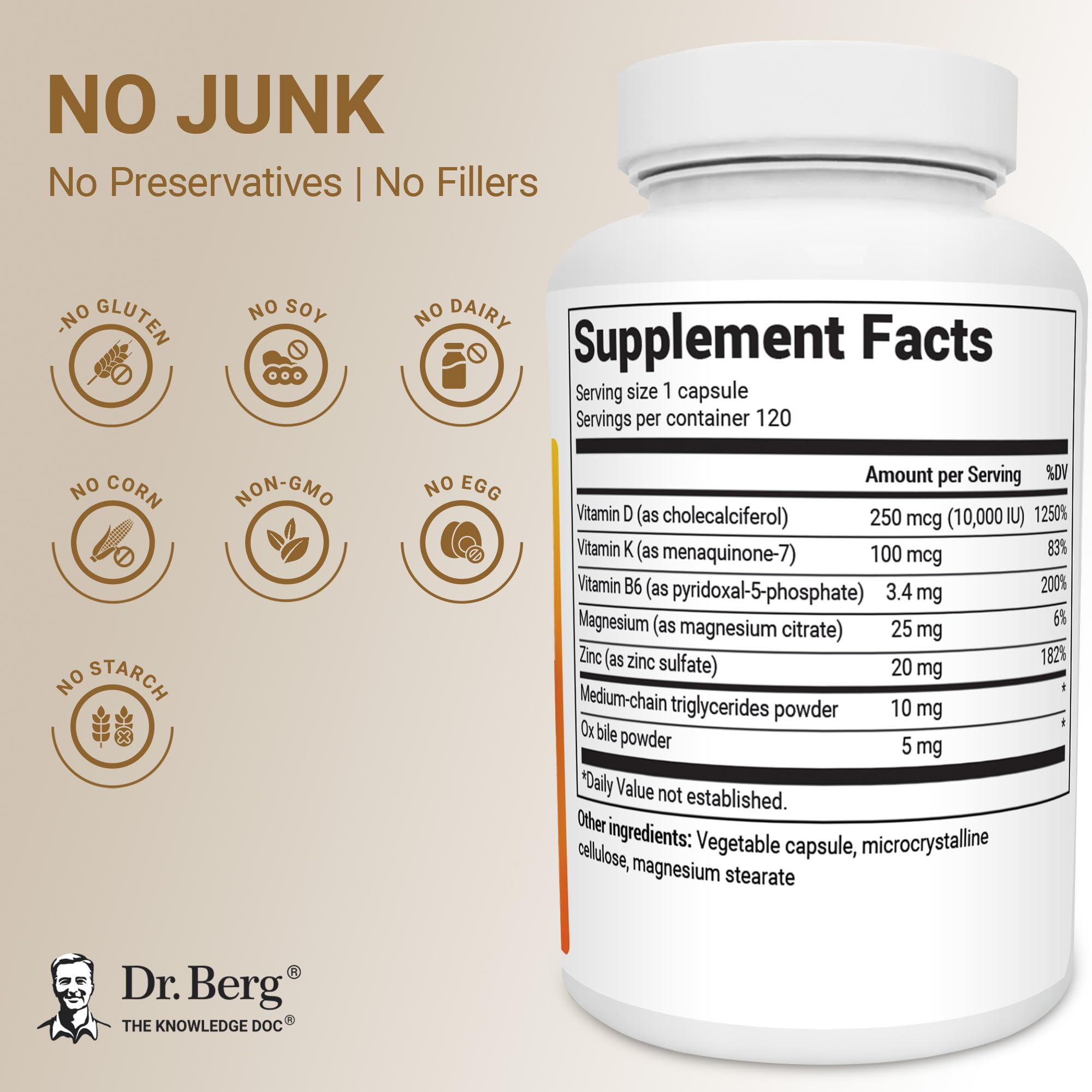 Dr. Berg Vitamin D3 & K2 10,000 IU + MK-7 – 120 Capsules – Immune, Bone & Heart Support* Supplement w/Magnesium, Zinc, B6 – 4X Lab-Tested – No Fillers – Non-GMO, cGMP, Formulated in USA Dr. Berg Nutritionals uk supplements