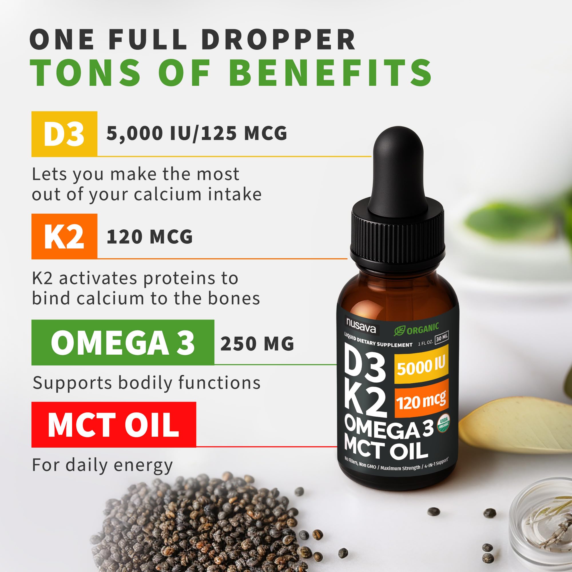 (2 Pack) Organic Vitamin D3 K2 Drops with MCT Oil Omega 3, 5000 IU, Maximum Strength Vitamin D Liquid, No Fillers, Non-GMO Liquid D3 for Faster Absorption and Immune Support (Unflavored, 2 Fl Oz) NUSAVA uk supplements
