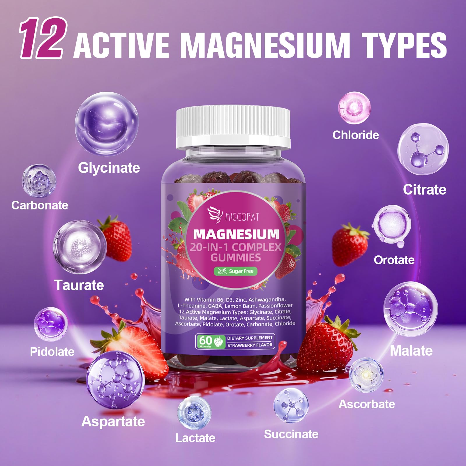 Migcopat Magnesium Complex Gummies, 20 in 1 Magnesium Gummy with Glycinate Citrate Malate Taurate - Ashwagandha, L-Theanine, D3&Zinc for Relaxation, Sleep, Muscle&Heart Support, Strawberry, 60 Cts Migcopat uk supplements