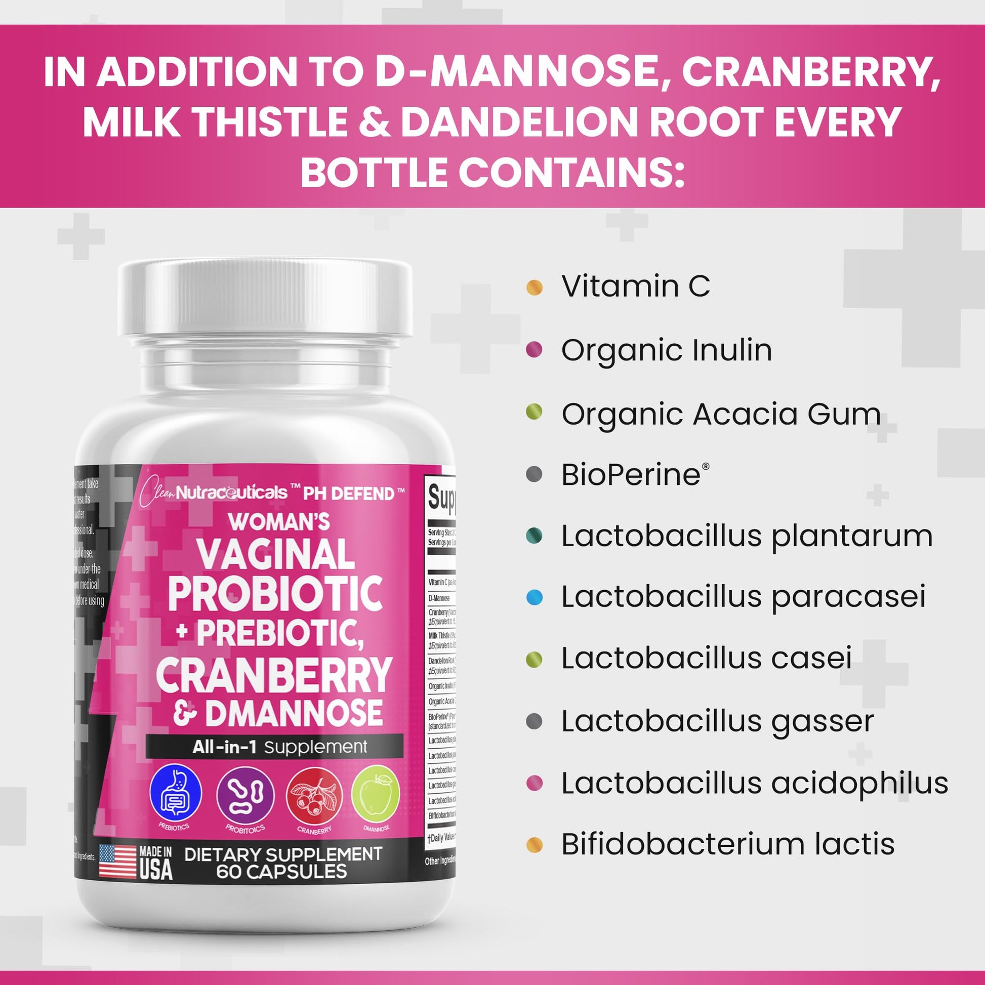 Vaginal Probiotics For Women + Prebiotics 20 Billion Cranberry Pills 30,000mg w/ D-Manno Clean Nutraceuticals uk supplements