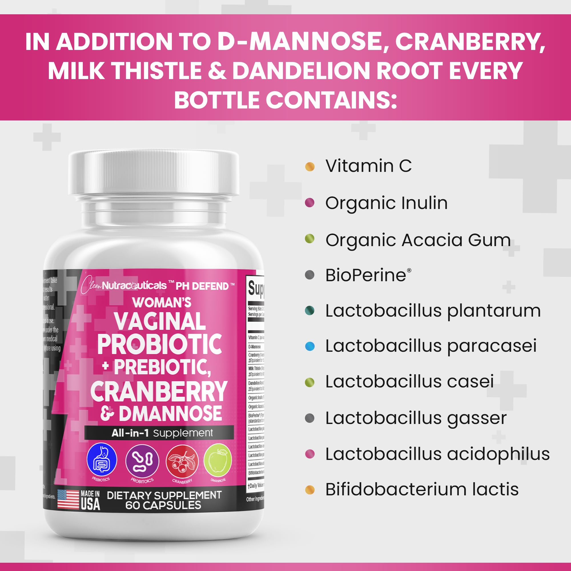 Vaginal Probiotics For Women + Prebiotics 20 Billion Cranberry Pills 30,000mg w/ D-Manno Clean Nutraceuticals uk supplements