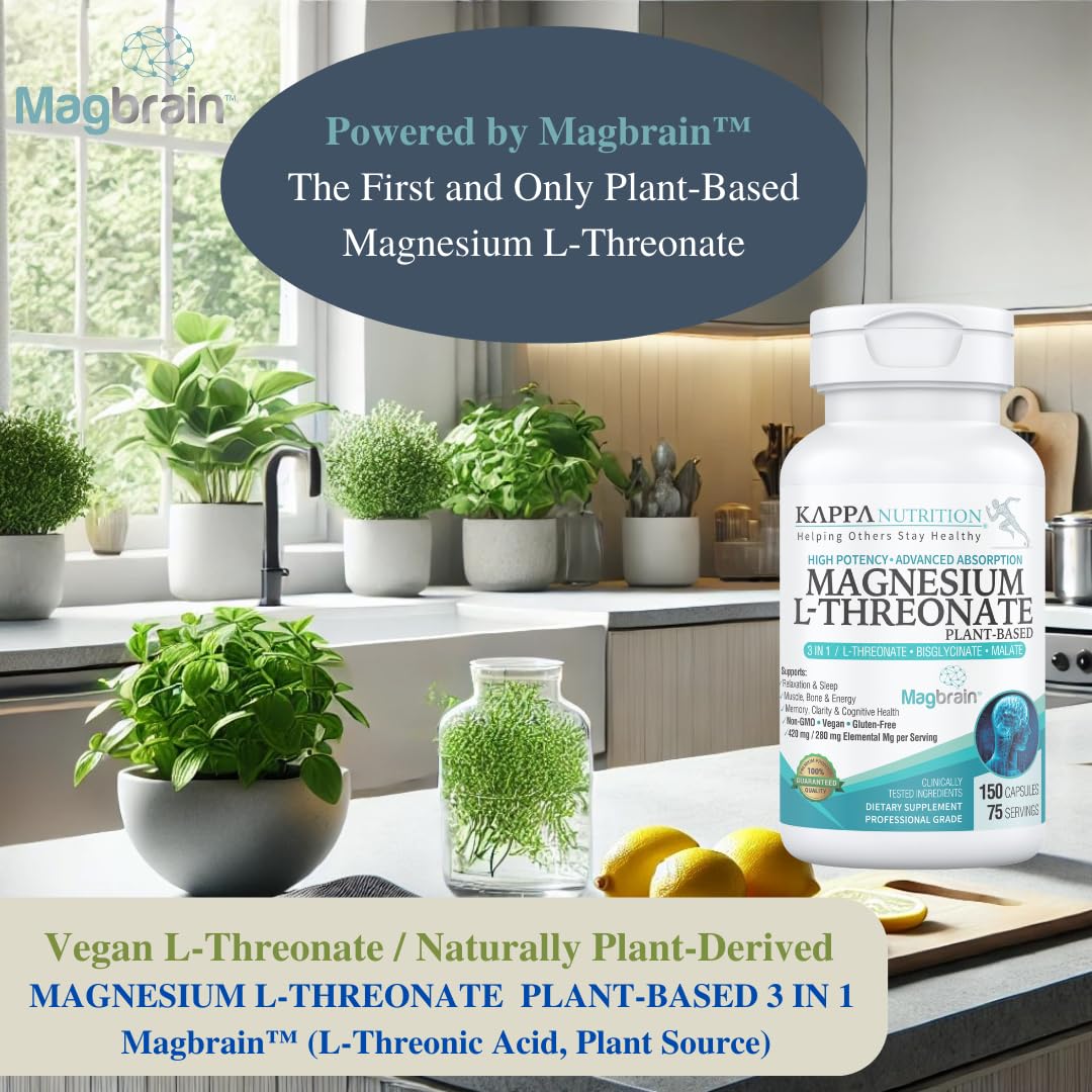 Kappa Nutrition Powered by Magbrain™ Magnesium L-Threonate Plant-Based, 150 Vegan Capsules, 420mg Elemental Magnesium (3 Capsules) from 2,253mg, Brain, Sleep & Muscle Support. KAPPA NUTRITION uk supplements
