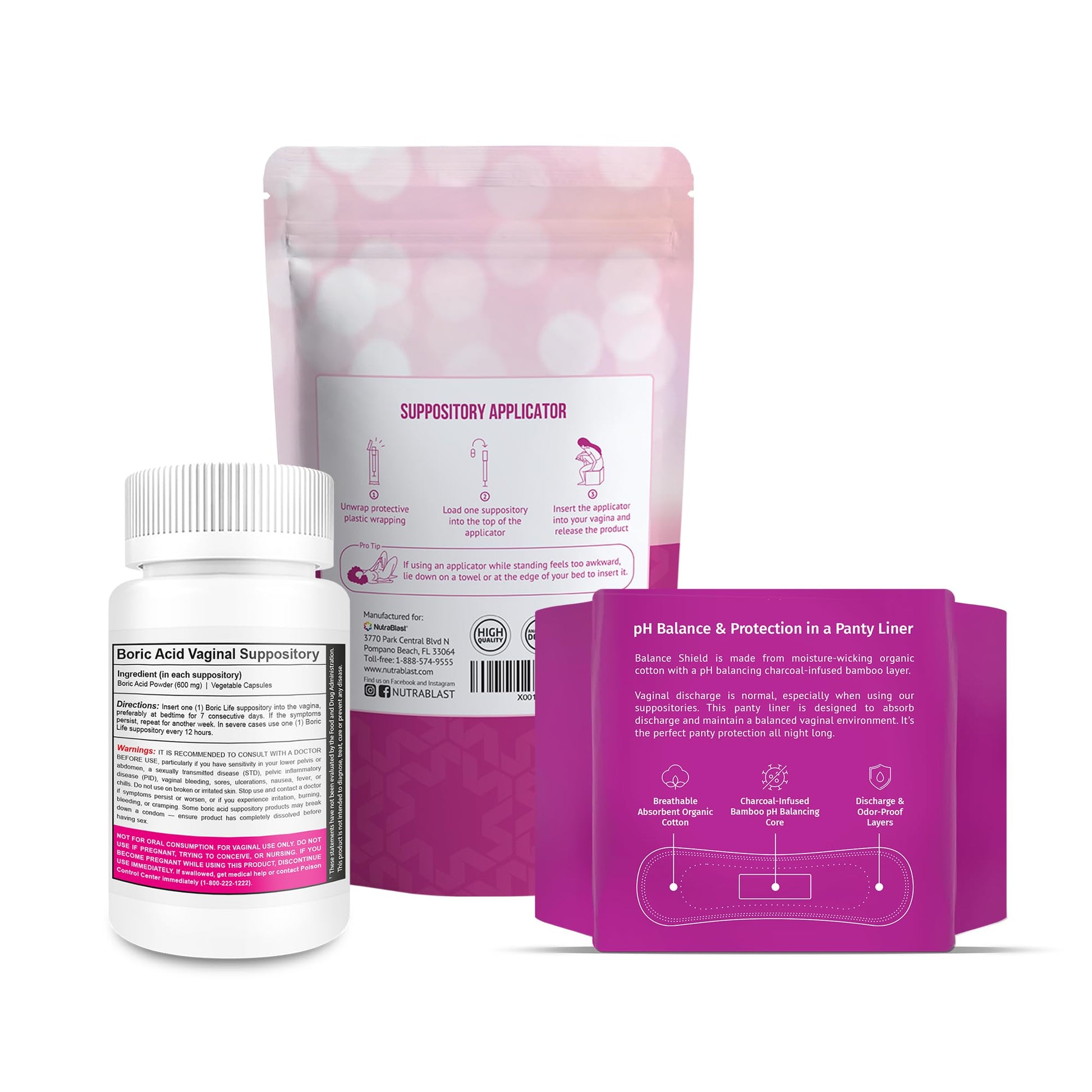 NutraBlast Boric Acid Suppositories 600mg (30 Count) Bundle with Disposable Applicators (15-Pack) and Balance Shield Panty Liners (180mm, 20-Pack) NutraBlast uk supplements
