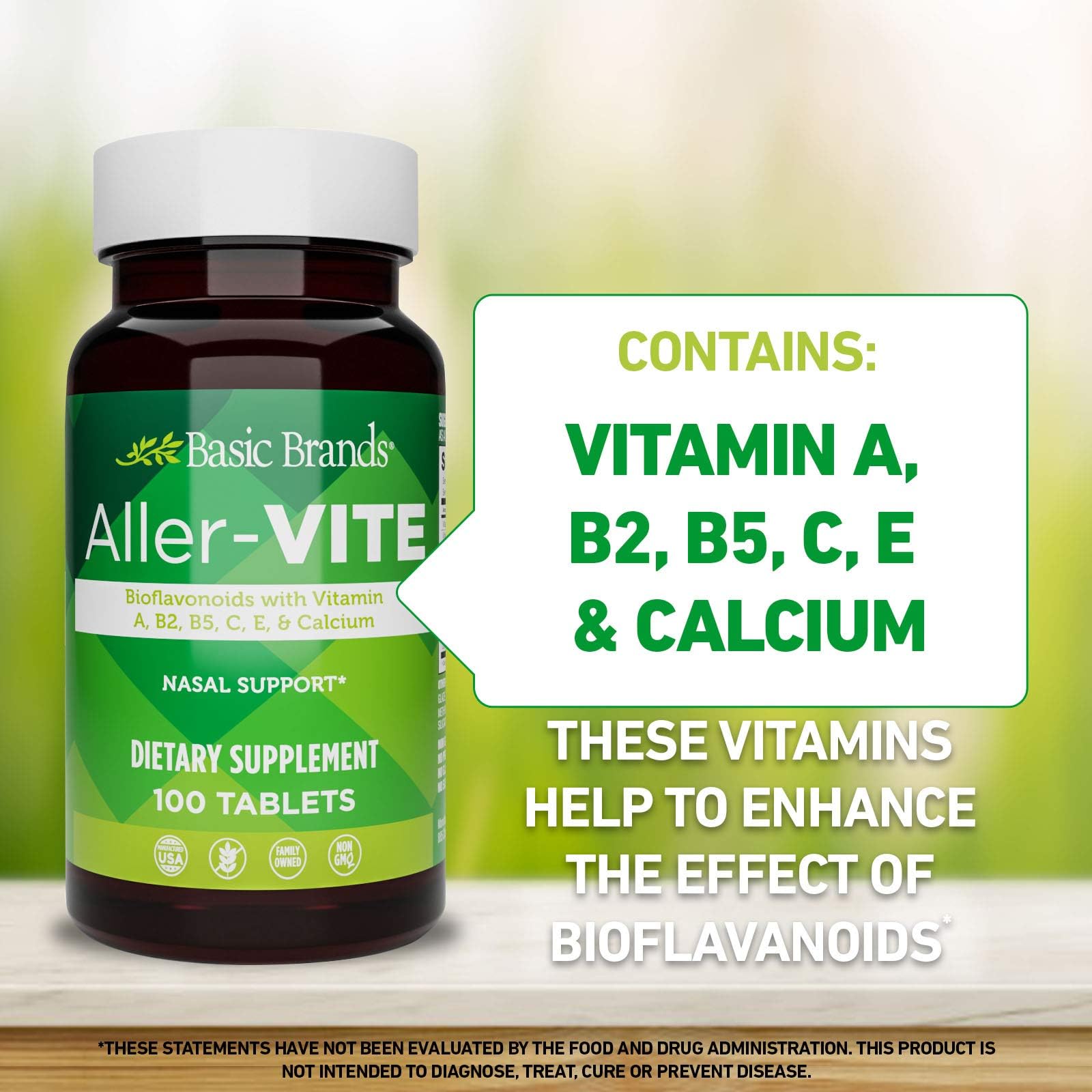 Basic Brands Aller Vite Nasal Support Tablets for Seasonal Allergy Relief, High Bioflavonoid Complex with Vitamins and Calcium, Gluten Free Daily Supplement, 100 Tablets Basic Brands uk supplements