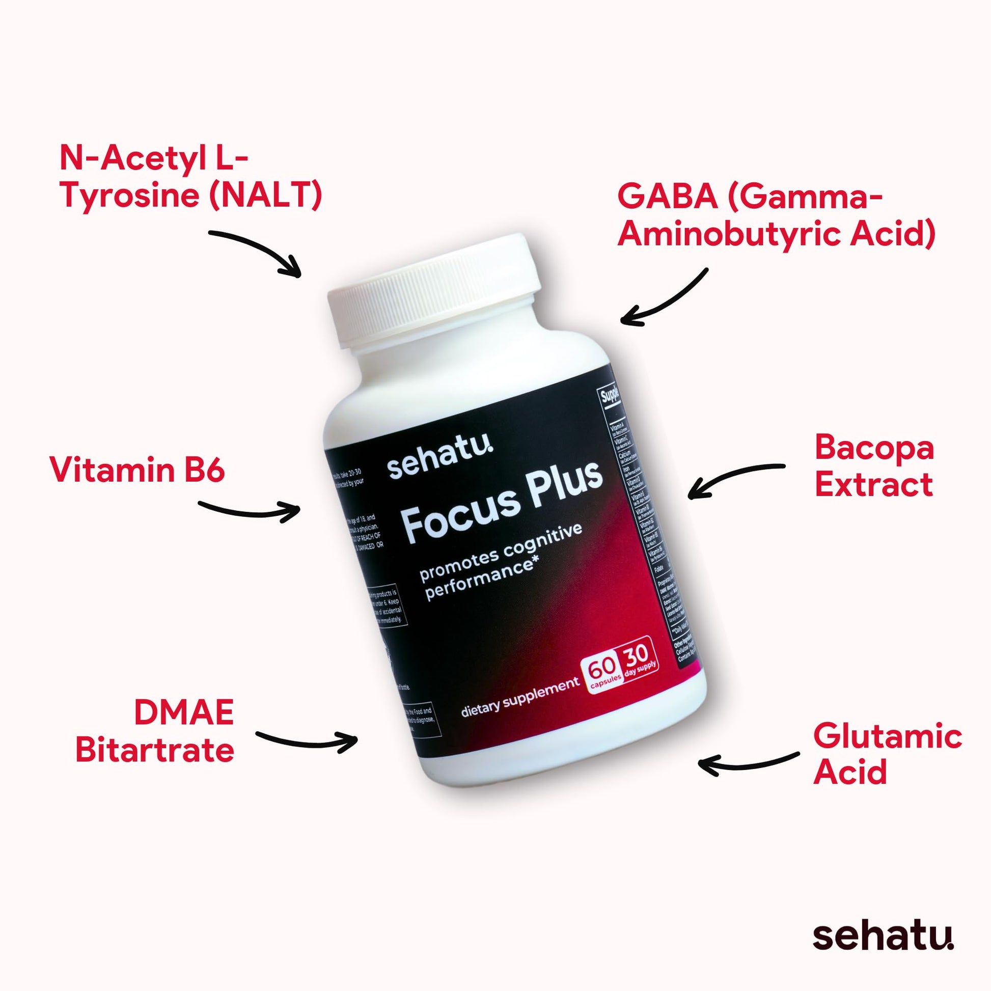 SEHATU Focus Plus Cognitive Performance Enhancer | with N-Acetyl L-Tyrosine, DMAE Bitartrate, GABA, Glutamic Acid | Boosts Focus, Enhances Memory, Supports Brain Health | 60 Count | 30 Day Supply SEHATU uk supplements