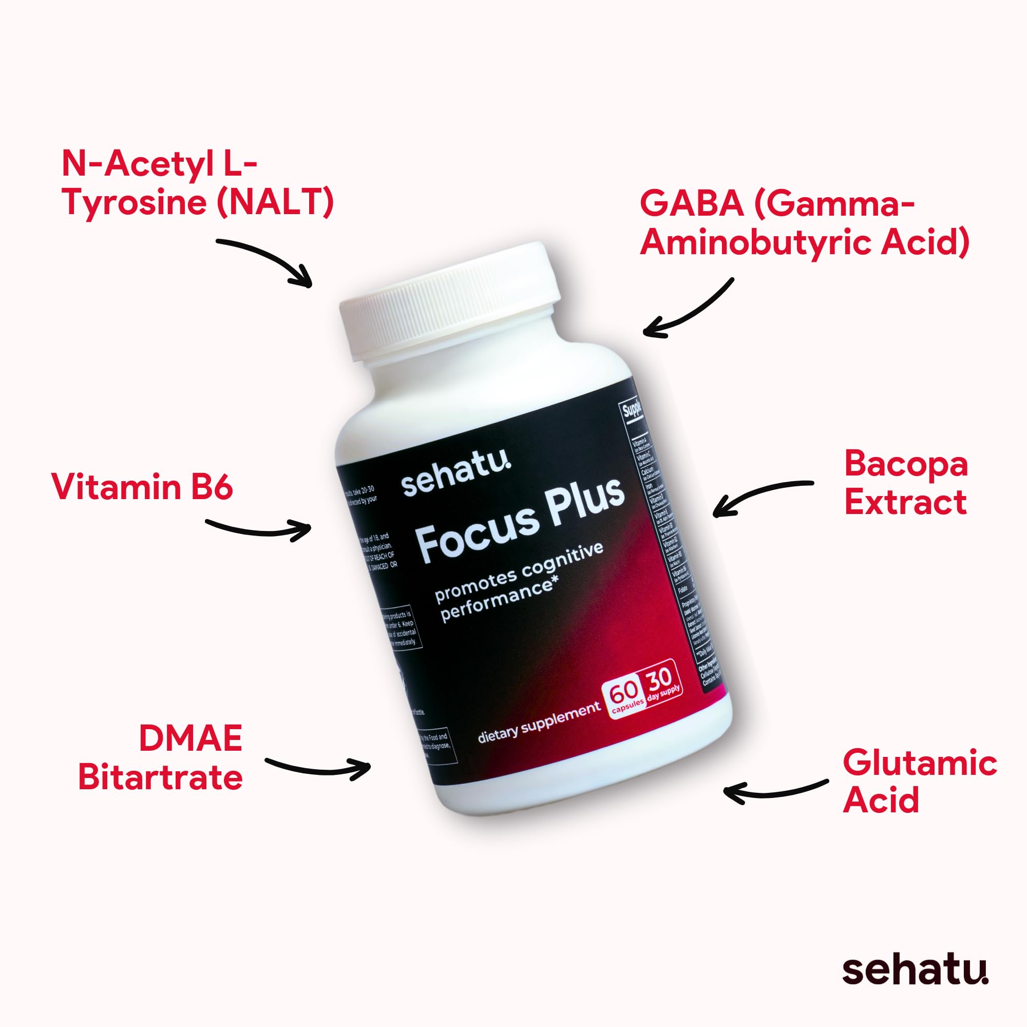 SEHATU Focus Plus Cognitive Performance Enhancer | with N-Acetyl L-Tyrosine, DMAE Bitartrate, GABA, Glutamic Acid | Boosts Focus, Enhances Memory, Supports Brain Health | 60 Count | 30 Day Supply SEHATU uk supplements