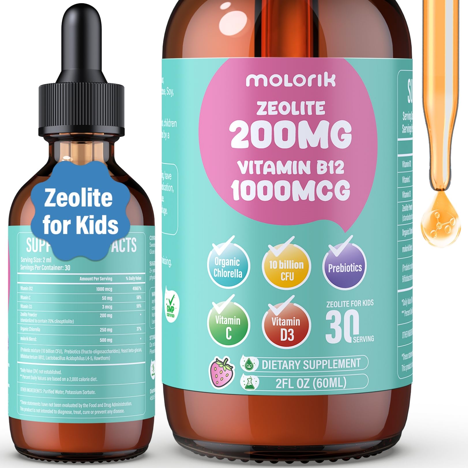 Zeolite Detox for Kids and Adults, 200mg Zeolite Liquid Drops with 1000mcg Vitamin B12, Organic Chlorella, 10 billion CFU & Prebiotics for Gut Support & Speech, Immune, Bone, Energy*, Strawberry, 60ML molorik pure uk supplements